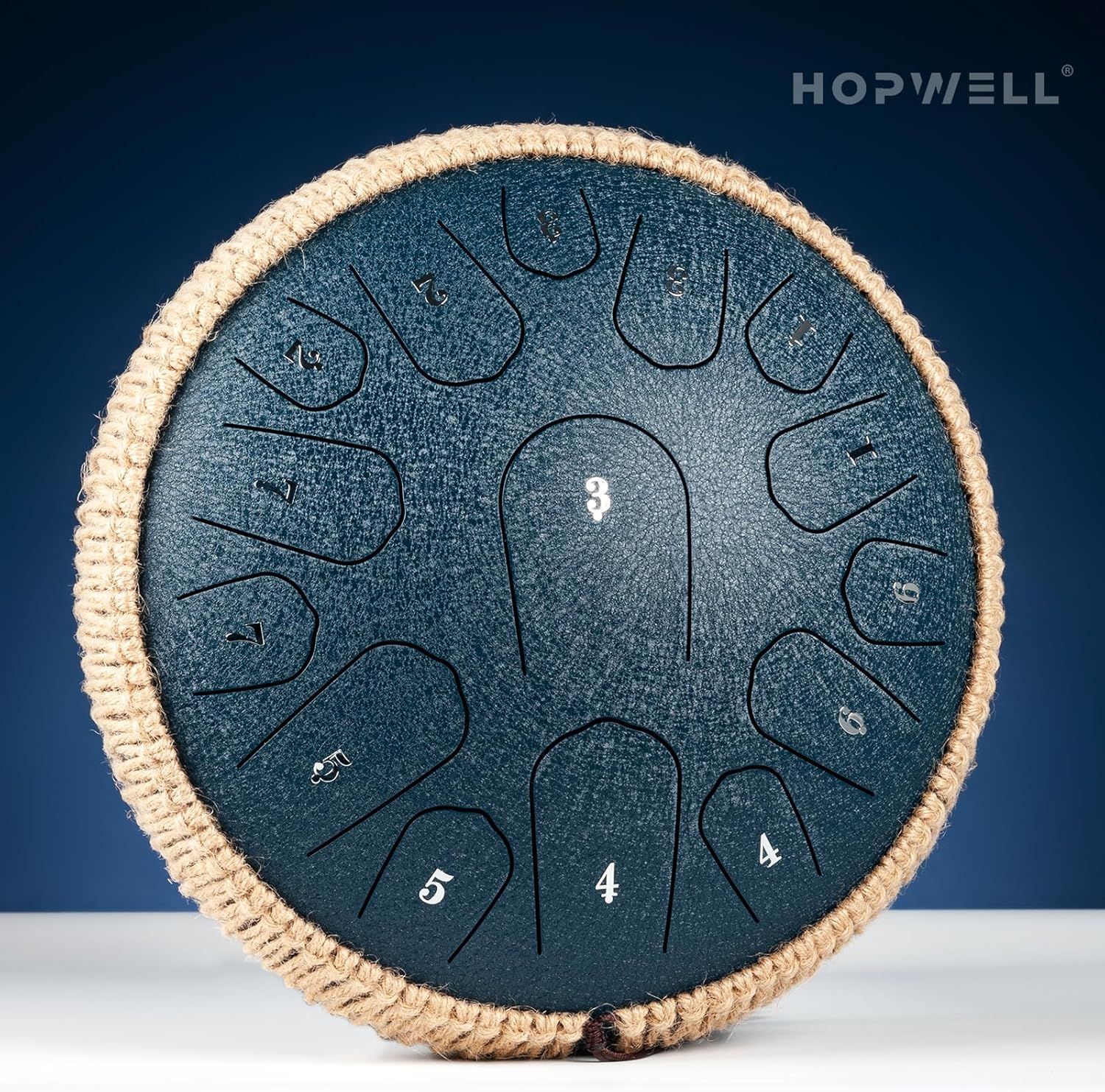 Shows the physical layout and numbered sections of the steel tongue drum, helping shoppers understand the instrument's structure and how different tones are organized.