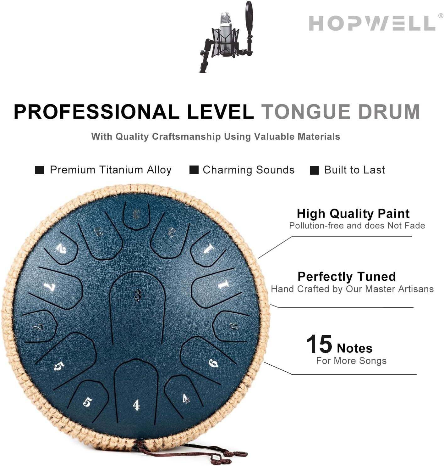 This image communicates multiple selling benefits of the tongue drum in a segmented layout, highlighting material quality, sound characteristics, durability, paint quality, craftsmanship, and note…
