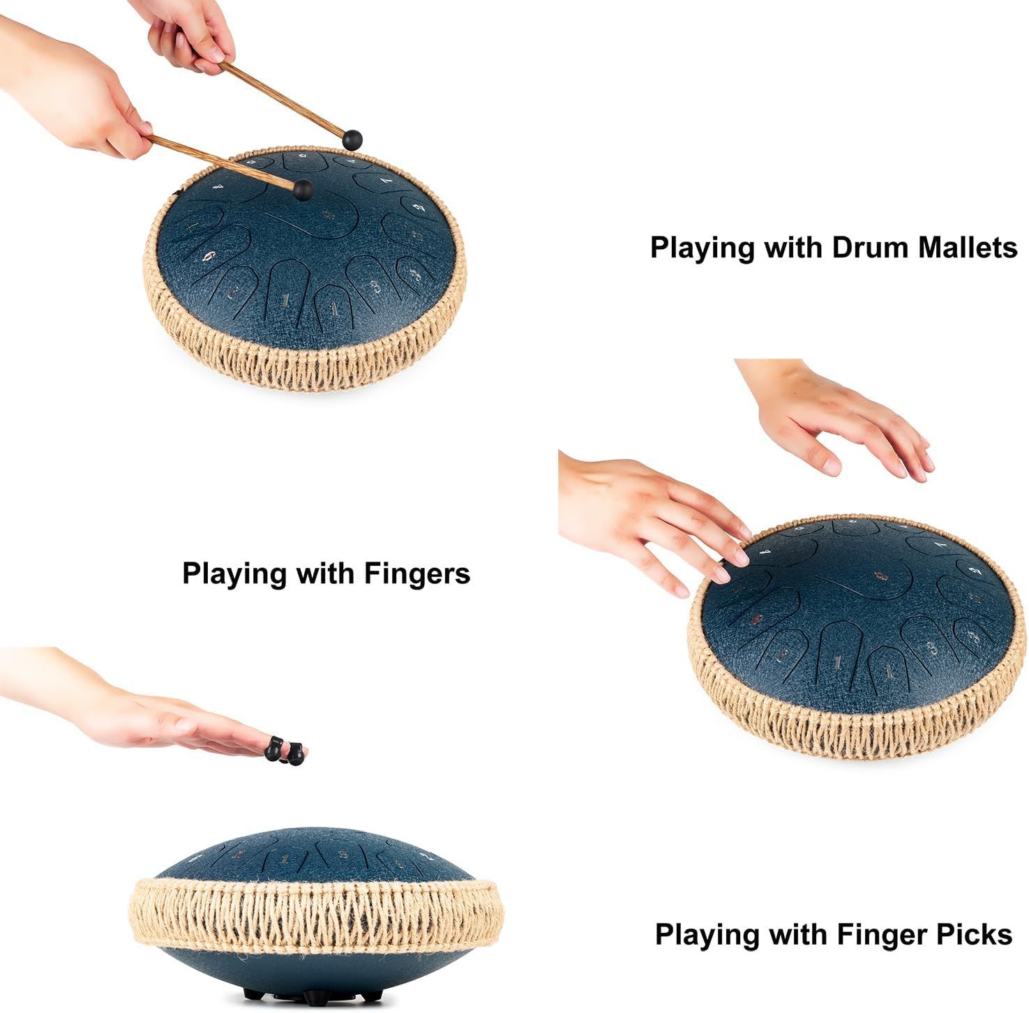 Demonstrates three different ways to play the steel tongue drum (with mallets, fingers, and finger picks) to educate shoppers on the versatility and ease of use of the instrument. Shows multiple use…