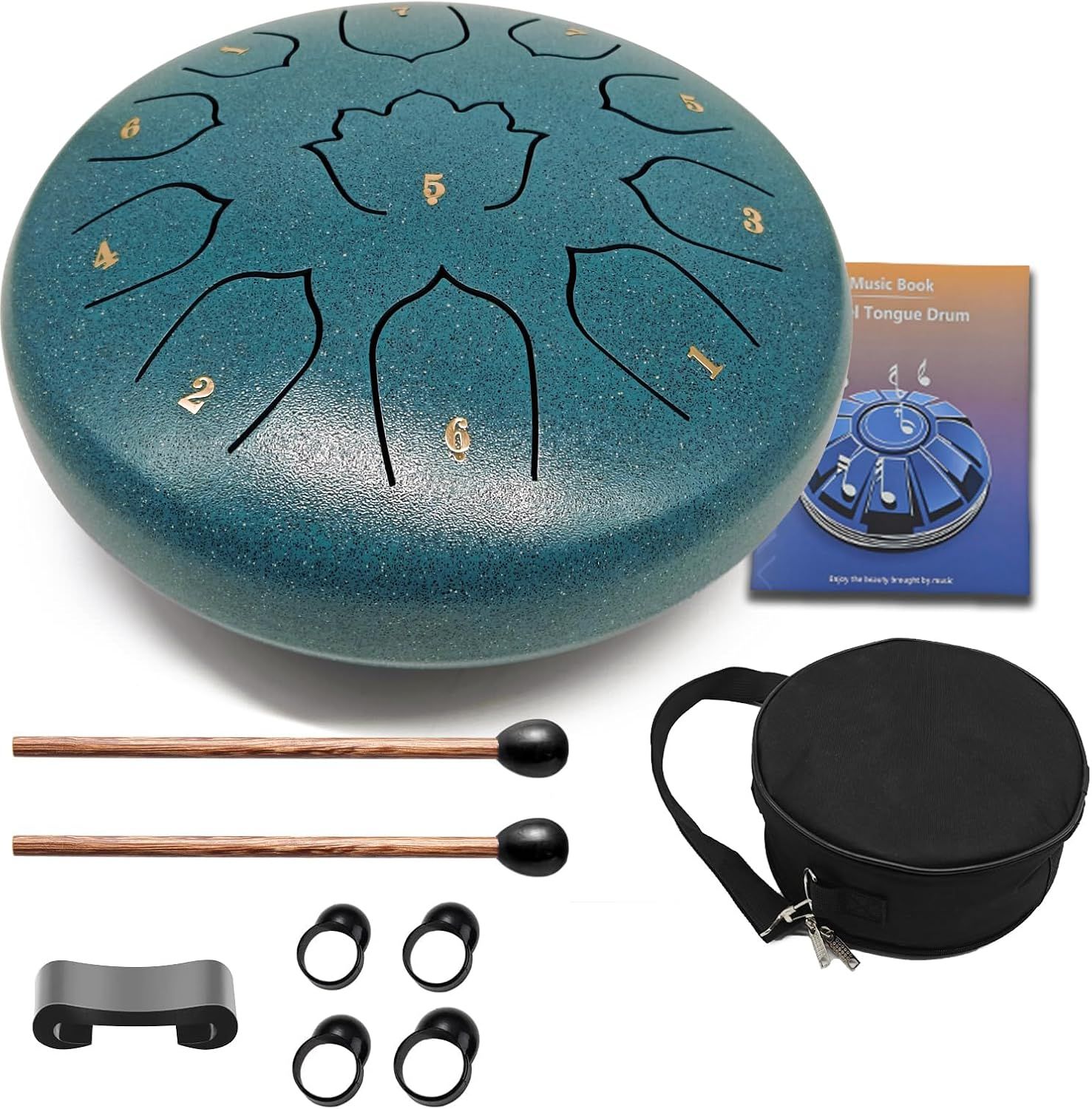 Shows everything included with the tongue drum purchase—the drum, mallets, finger picks, music book, carrying case, and stand—to reassure shoppers they're getting a complete ready-to-play package.