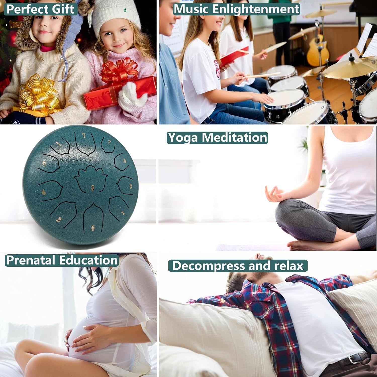 Demonstrates the multiple use cases and scenarios where the steel tongue drum can be used, from gifting to music education to meditation and relaxation, showing its versatility across different…