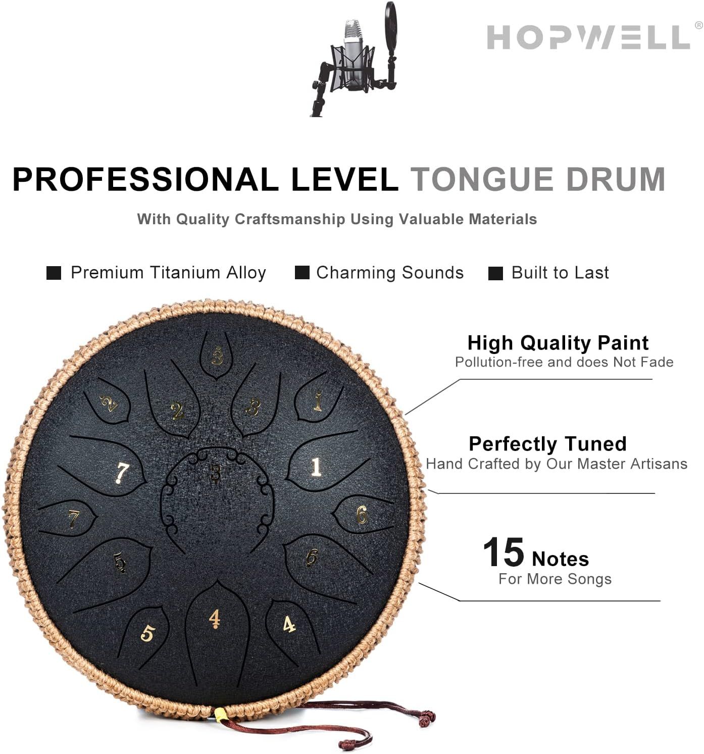 This image communicates the professional quality and comprehensive feature set of the tongue drum, highlighting multiple selling points including premium materials, sound quality, durability,…