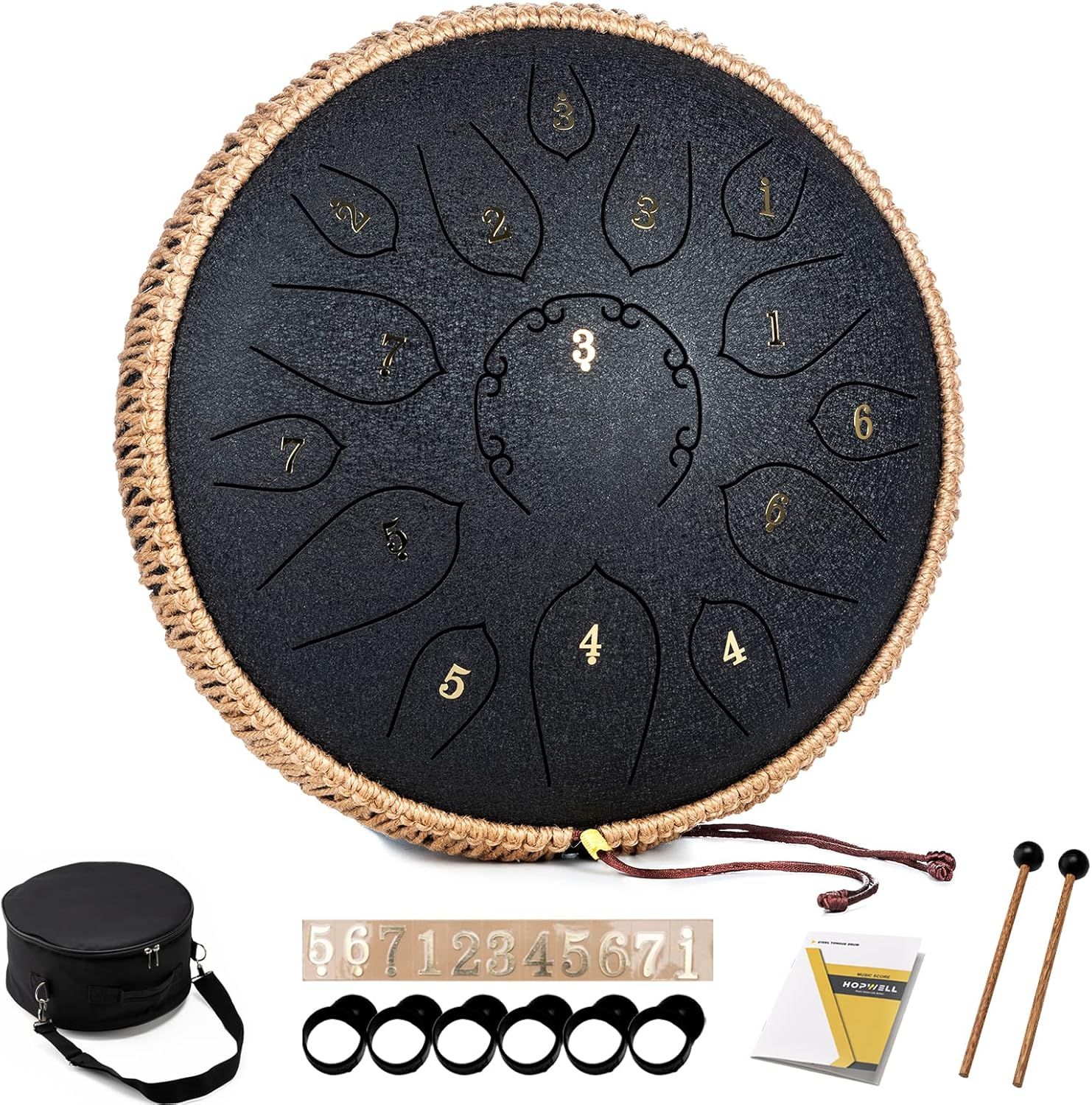 Shows everything included in the purchase to reassure shoppers they are getting a complete, ready-to-use steel tongue drum kit with all necessary accessories.