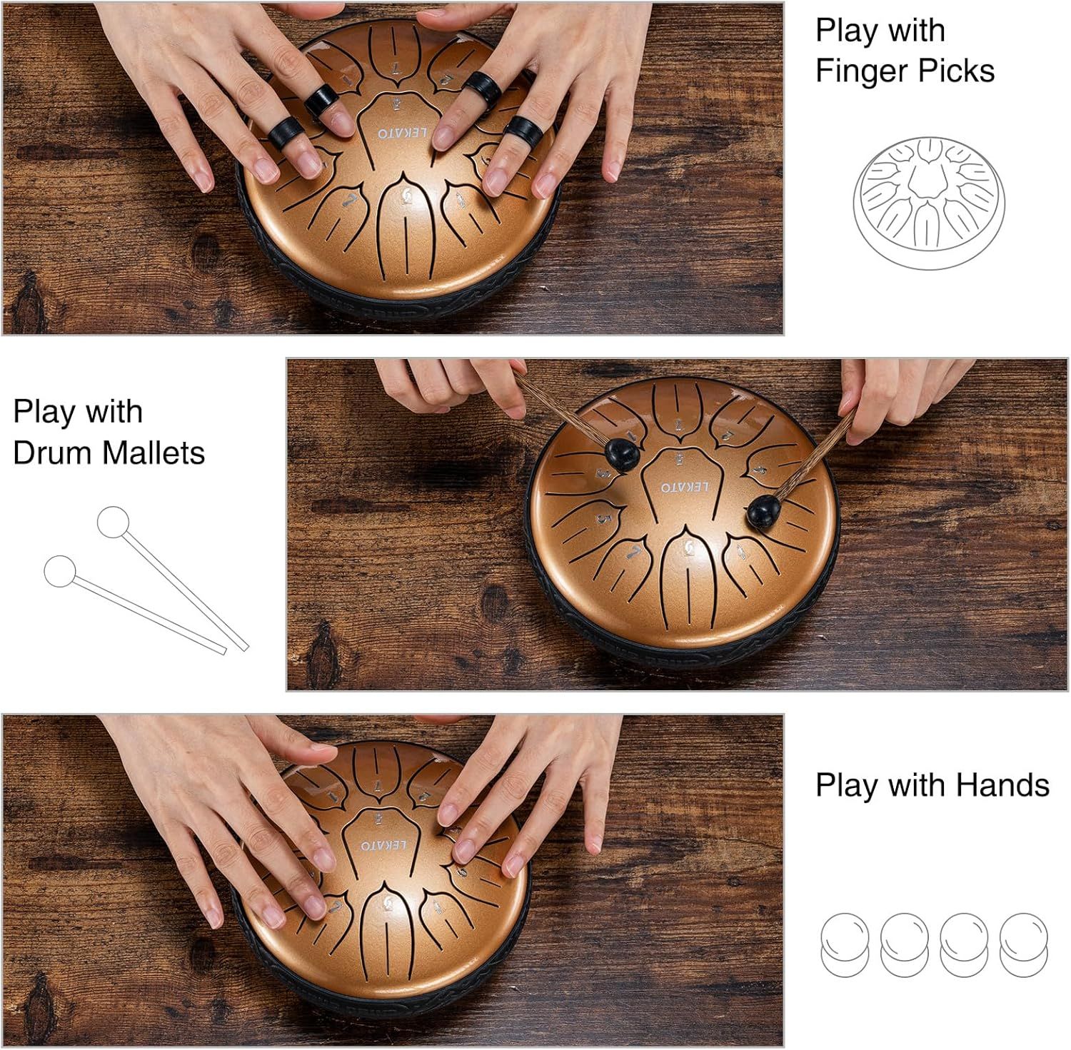 Demonstrates the three different ways the steel tongue drum can be played (with finger picks, drum mallets, or hands), showing the product's versatility and multiple use scenarios. Provides…
