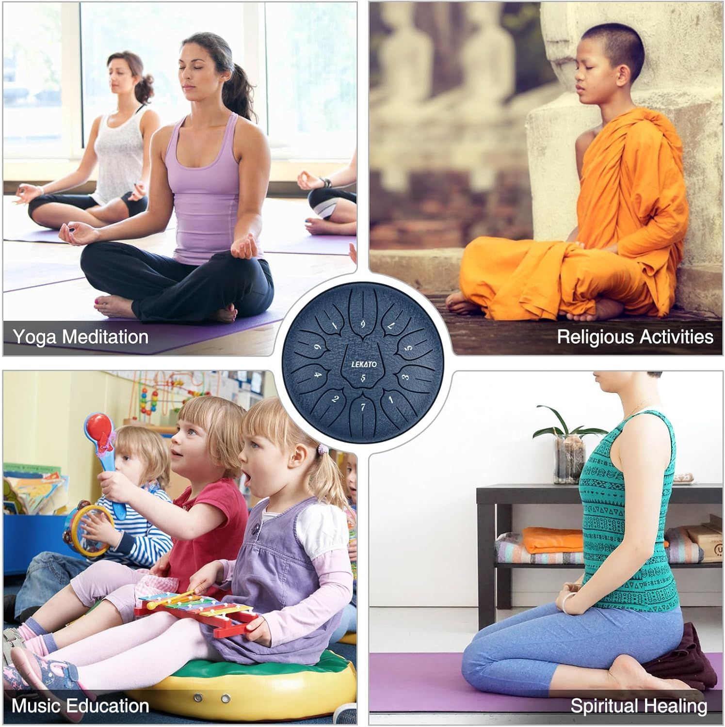 Demonstrates the versatility of the steel tongue drum by showing it can be used across multiple contexts and activities, from meditation and yoga to music education and spiritual practices.