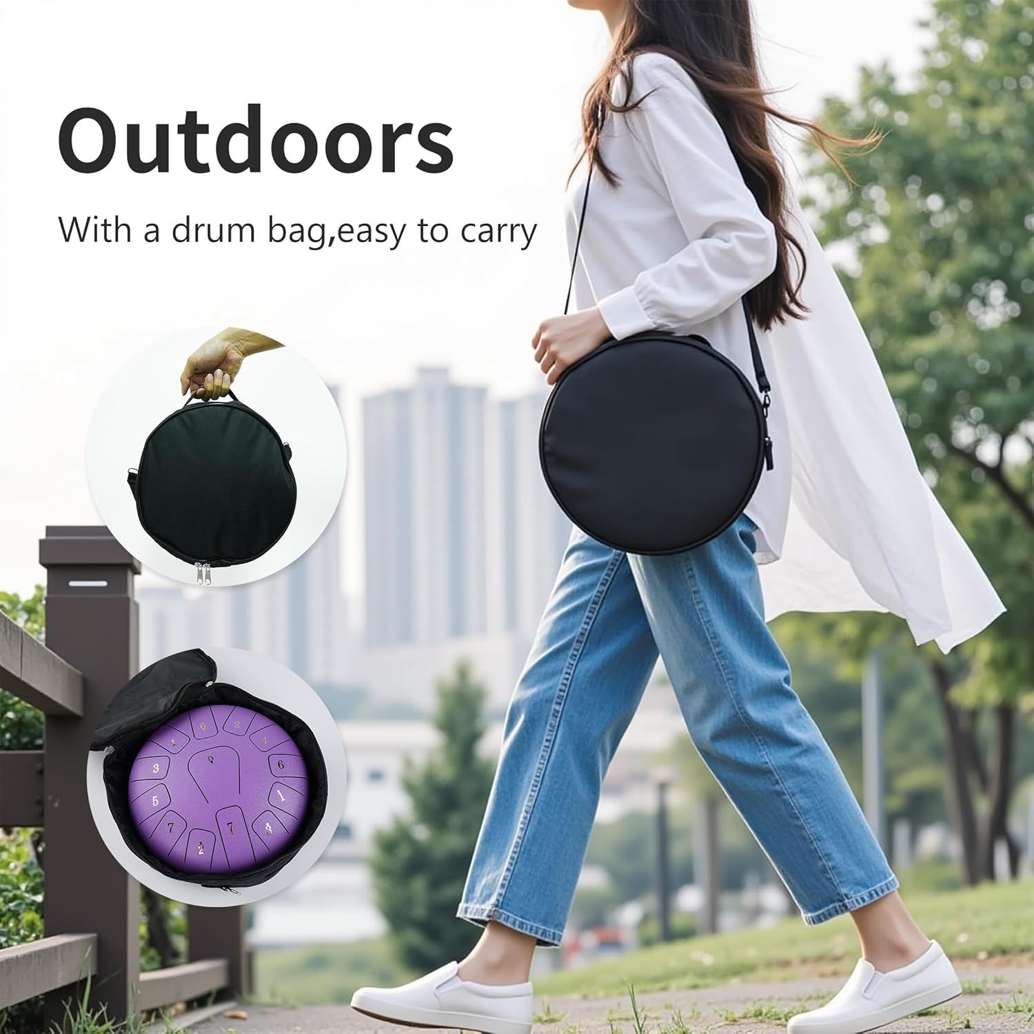 Demonstrates the product's portability and suitability for outdoor use, showing how the drum bag makes it easy to carry the instrument on the go. Highlights the portability benefit of the product…