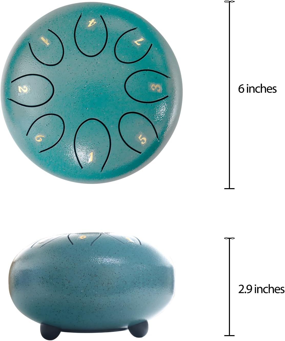 Communicates the exact physical size of the steel tongue drum (6 inches diameter, 2.9 inches height) to help shoppers understand how compact and portable the instrument is.