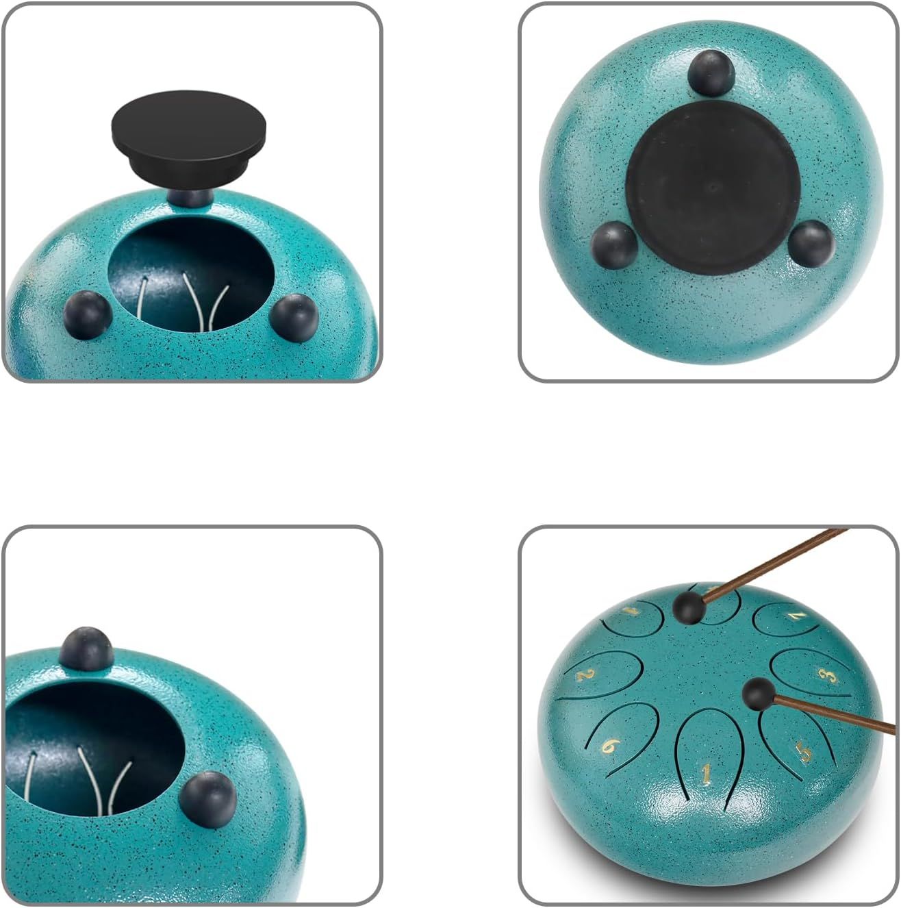 Shows the physical components and construction of the steel tongue drum from multiple angles, helping shoppers understand the product's structure, stability features, and how the instrument is…