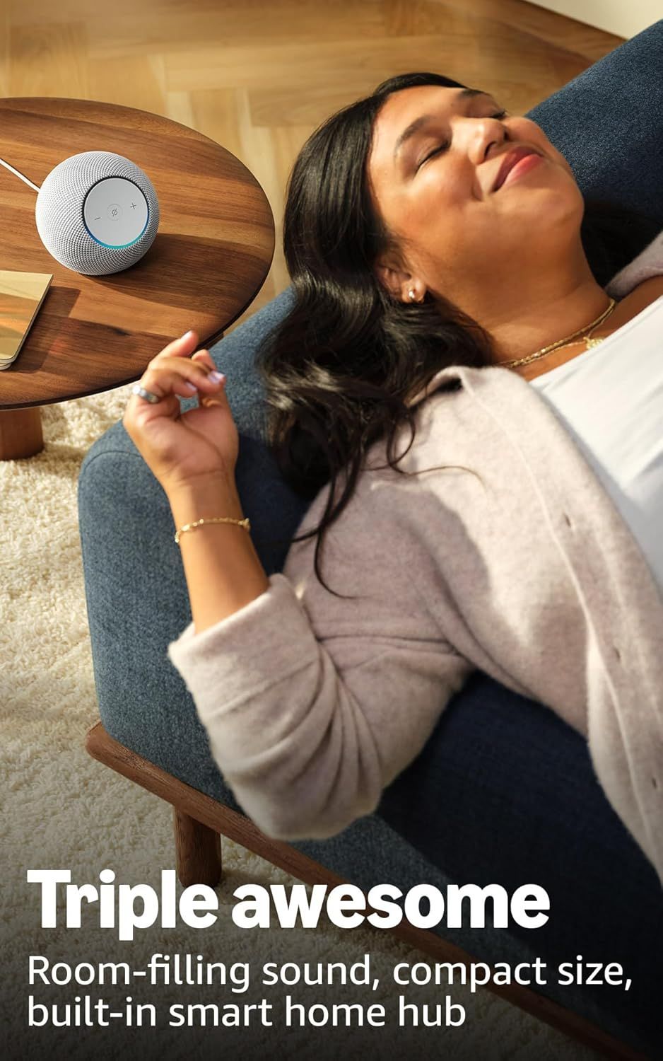 Communicates three distinct product benefits—powerful audio performance, space-saving design, and smart home integration—to position the speaker as a versatile, high-value purchase.