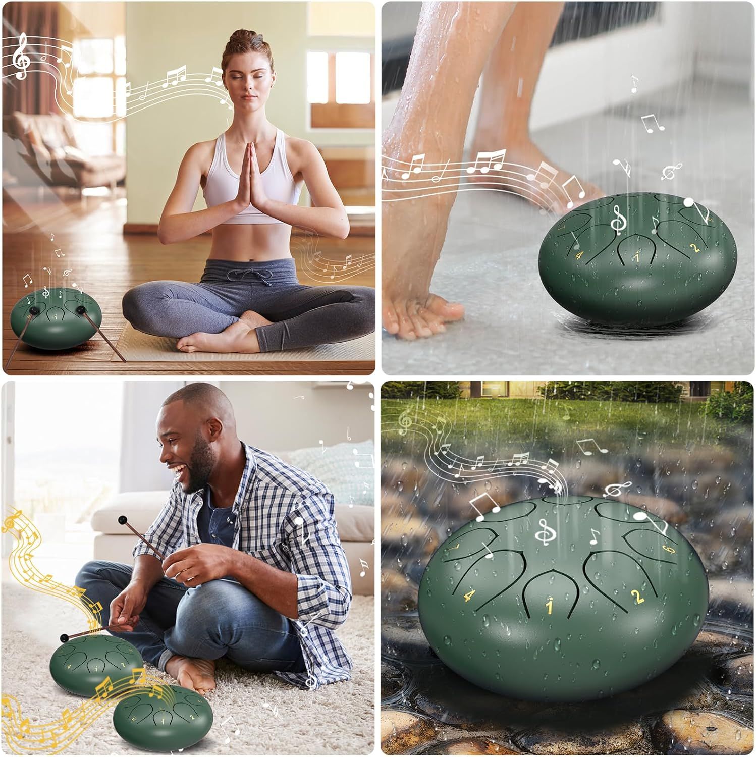 Demonstrates the versatility of the steel tongue drum by showing it can be used in multiple environments and activities - meditation, shower relaxation, indoor leisure, and outdoor settings - to…