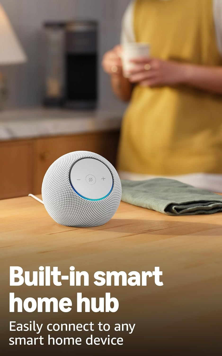 Communicates that the speaker has a built-in smart home hub feature, allowing shoppers to easily connect and control their smart home devices through this…