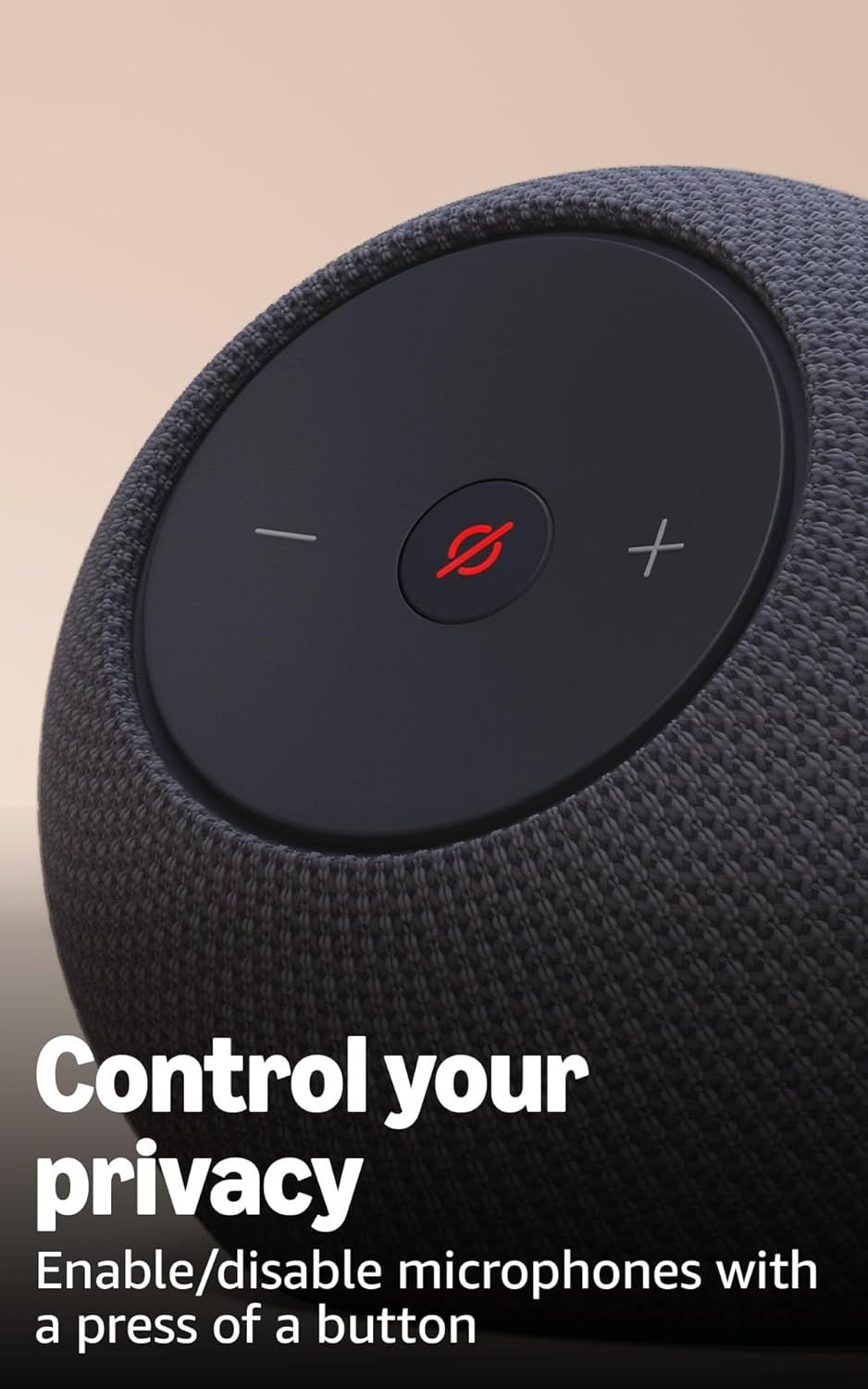 Highlights the privacy feature that allows users to easily enable or disable the microphone with a single button press, reassuring shoppers about control over…