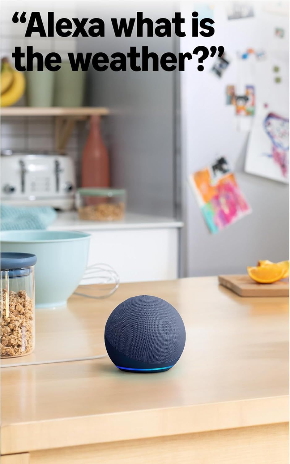 Demonstrates the product's voice-activated capability and smart home integration, showing shoppers how they can use Alexa to get information hands-free in…