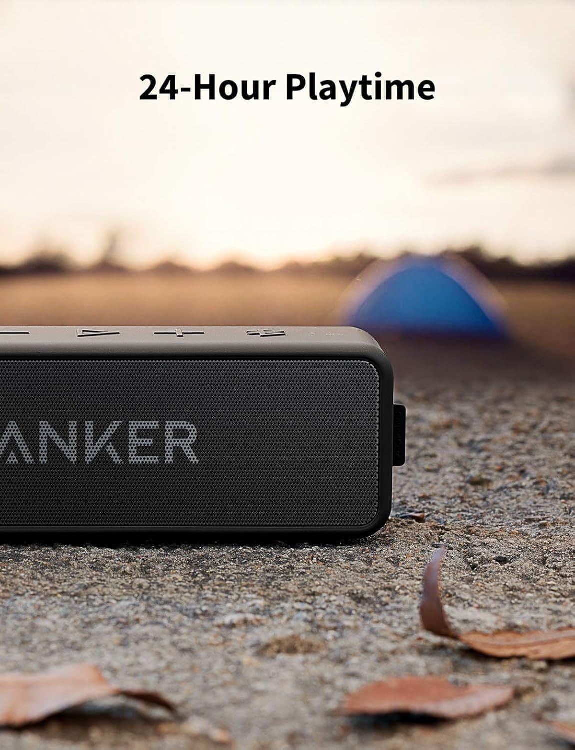 Communicates the speaker's long battery life to reassure shoppers they can enjoy extended playtime without recharging, ideal for outdoor activities and travel. Highlights the key benefit of 24-hour…