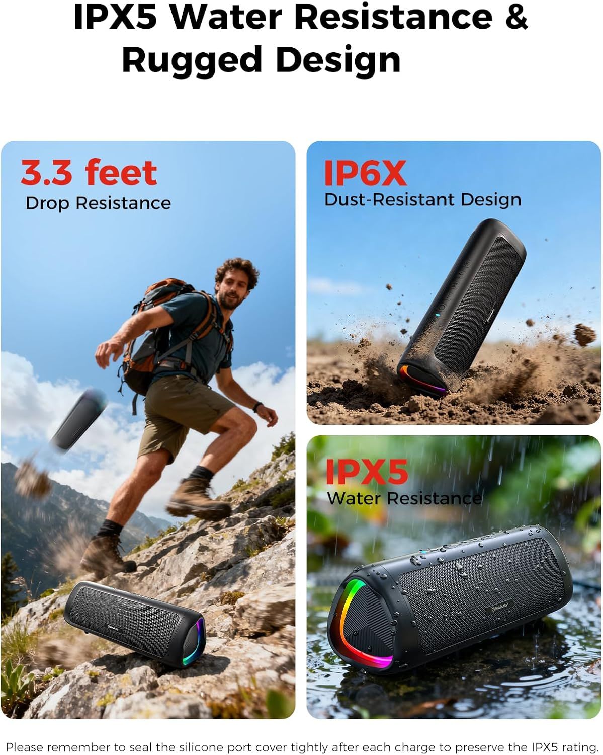 Communicates the product's durability across multiple protection features (water, dust, and drop resistance) to reassure shoppers it can withstand outdoor and rugged use conditions. Highlights the…