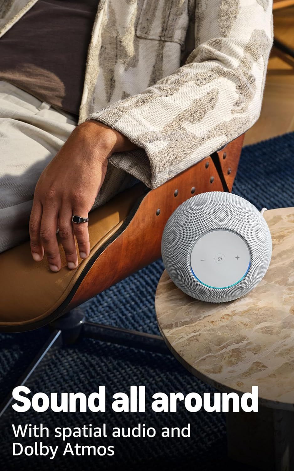 Highlights the speaker's advanced spatial audio technology with Dolby Atmos to communicate immersive, high-quality sound experience to shoppers.