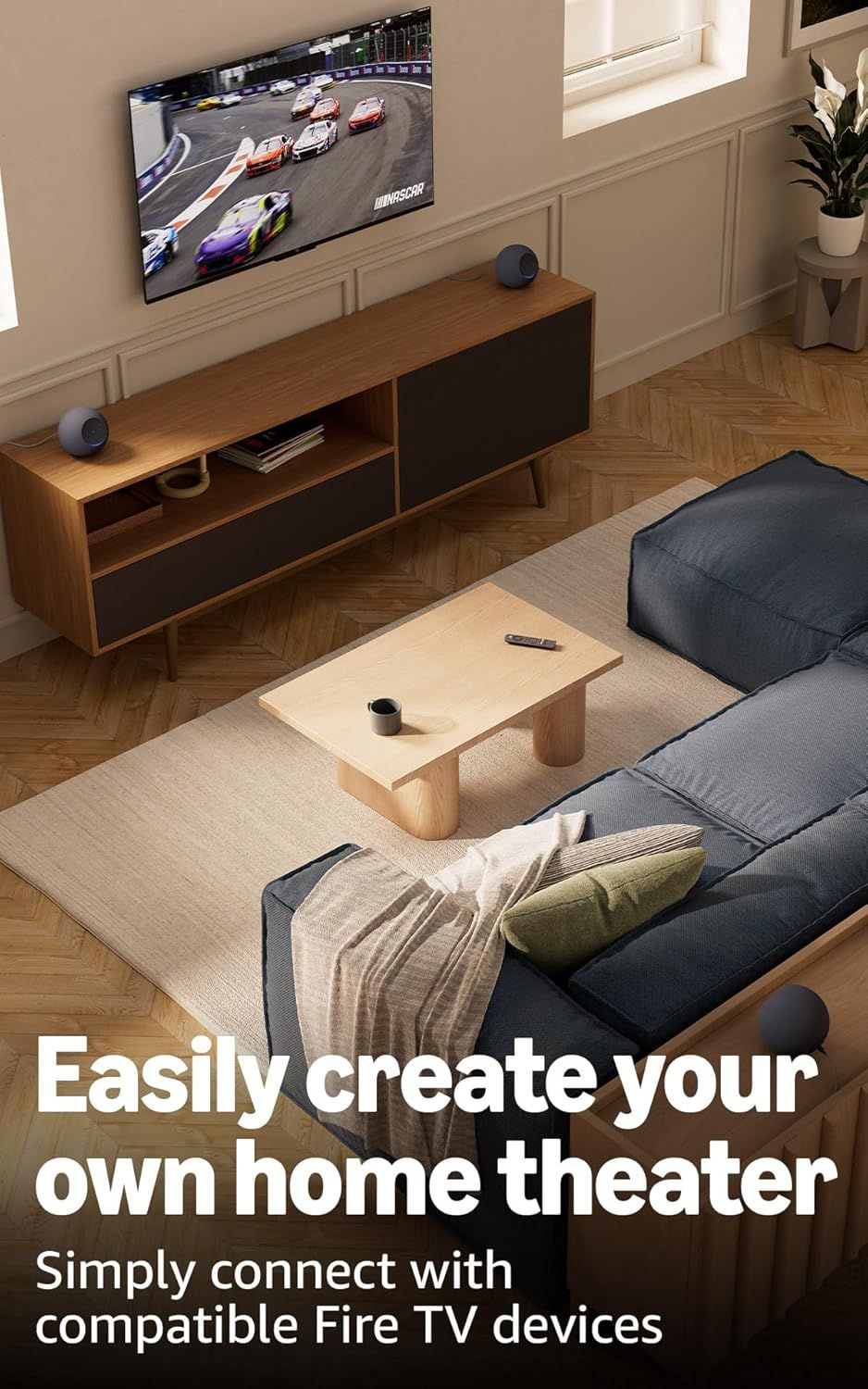 Communicates that the product (likely speakers or audio system) is compatible with Fire TV devices, enabling shoppers to easily create a home theater setup.…