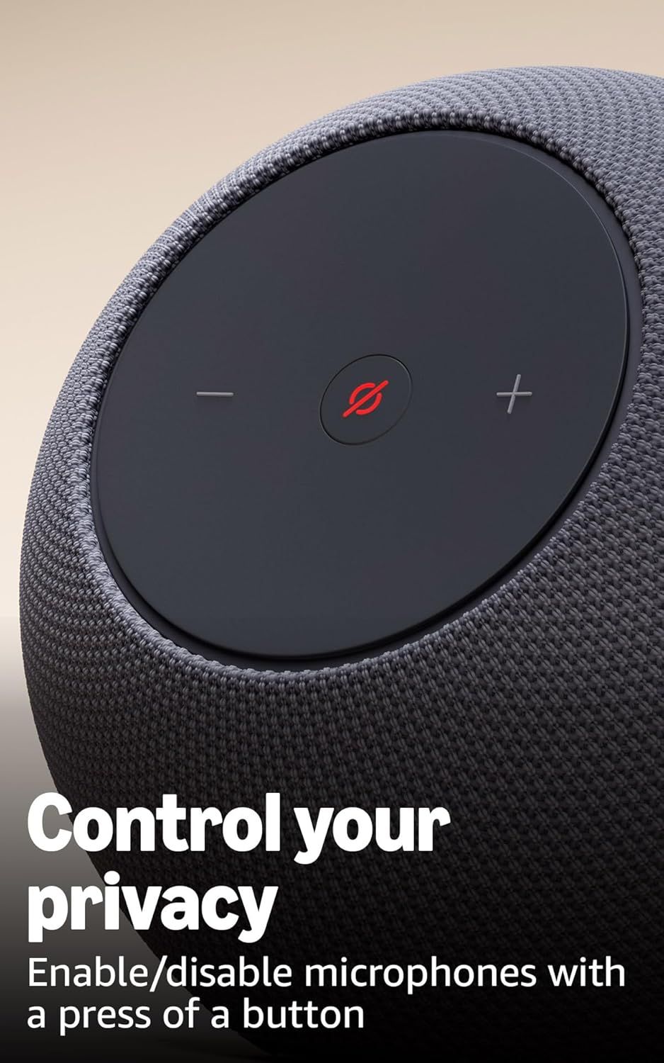 Highlights the privacy feature that allows users to easily enable or disable the microphone with a single button press, reassuring shoppers about control over…