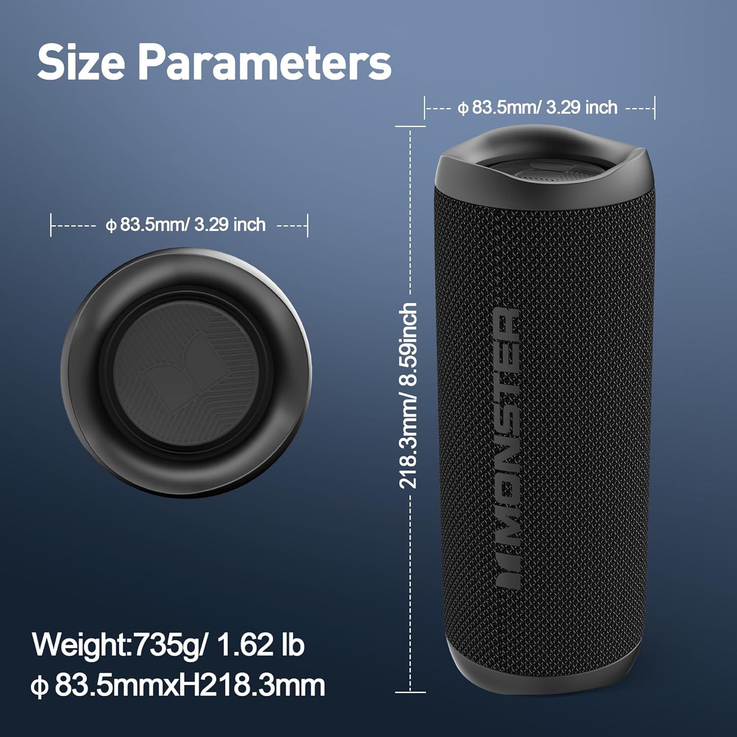 Communicates the exact physical dimensions and weight of the speaker to help shoppers understand its size and portability before purchase.