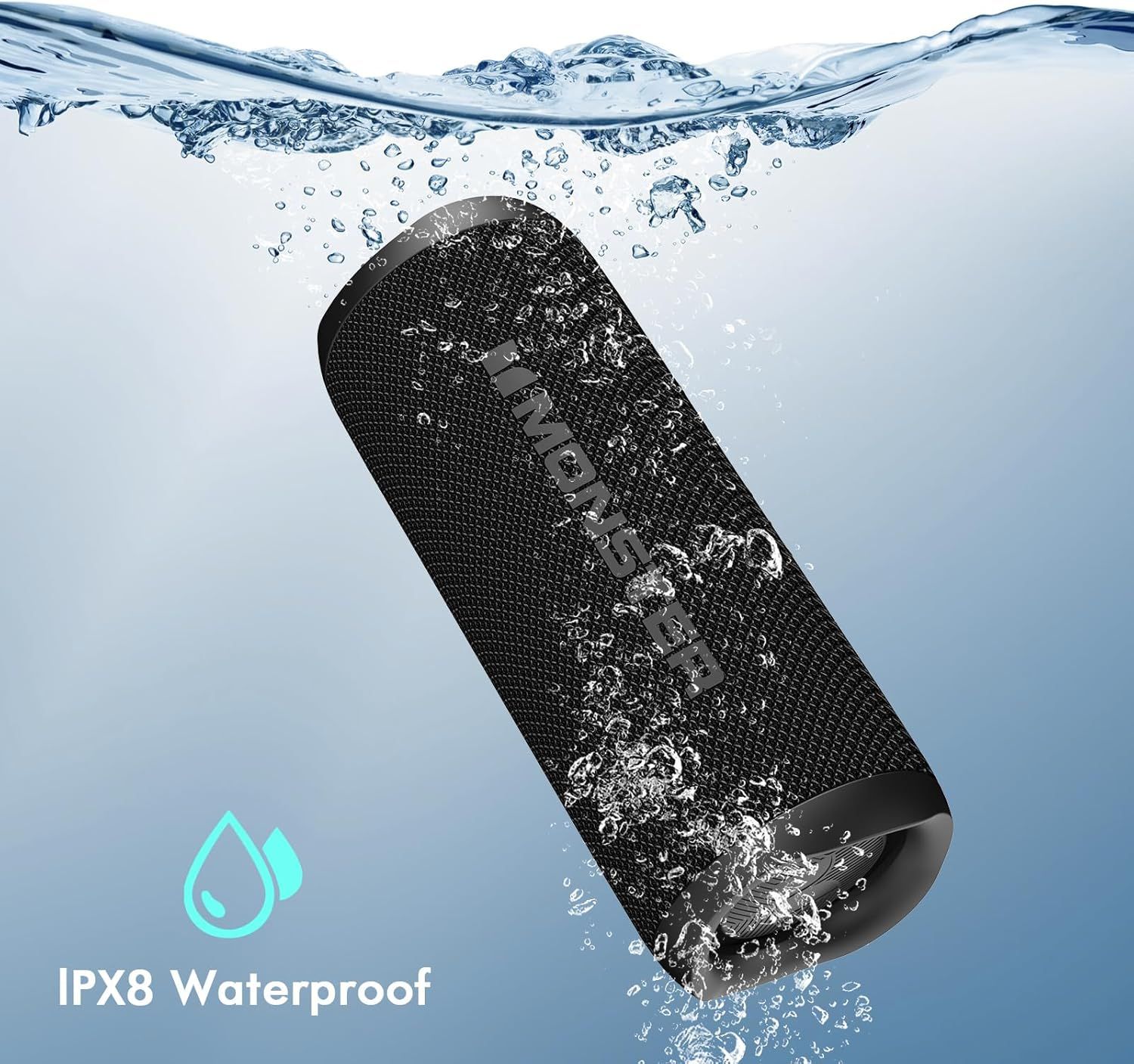 Demonstrates the speaker's waterproof capability by showing it fully submerged in water, reassuring shoppers it can withstand water exposure and is safe for pool, beach, or shower use.