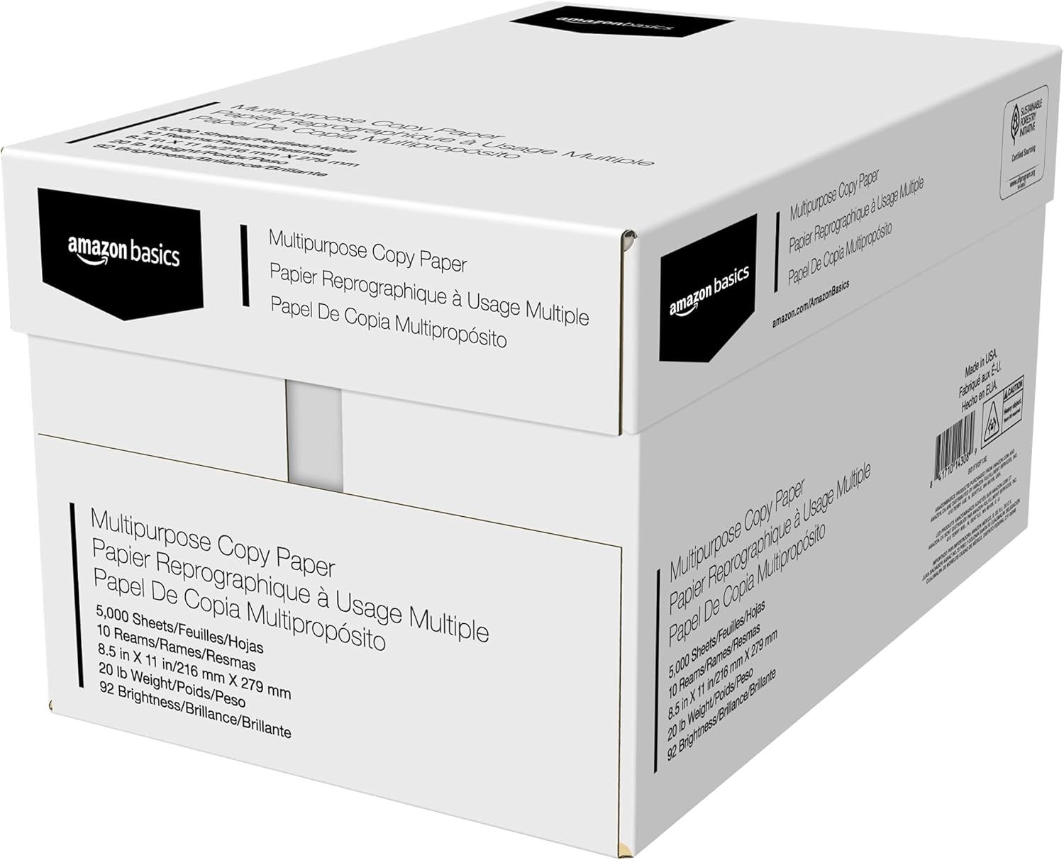 Displays the Amazon Basics multipurpose copy paper product in its retail packaging on a clean white background, providing a clear catalog-style view of what…