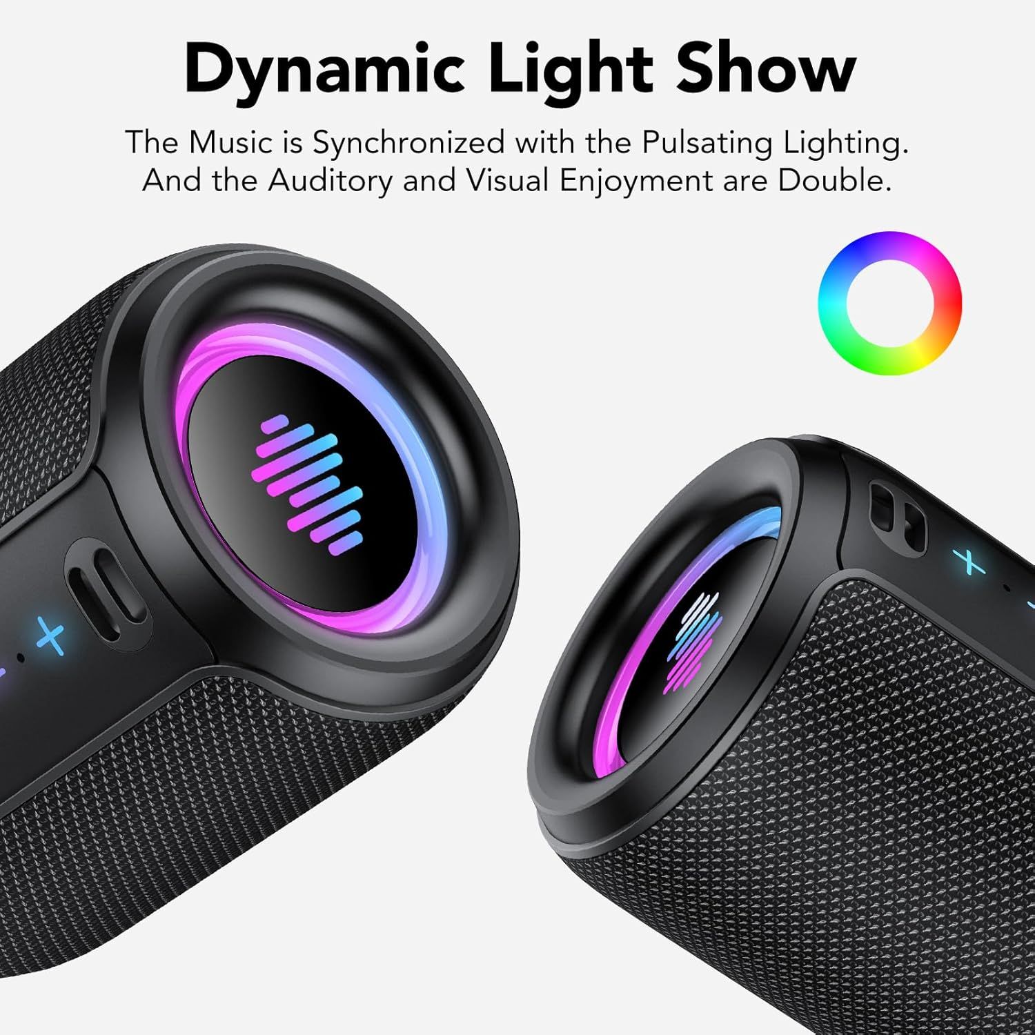 Highlights the product's dynamic light show feature that synchronizes with music to enhance the auditory and visual entertainment experience.