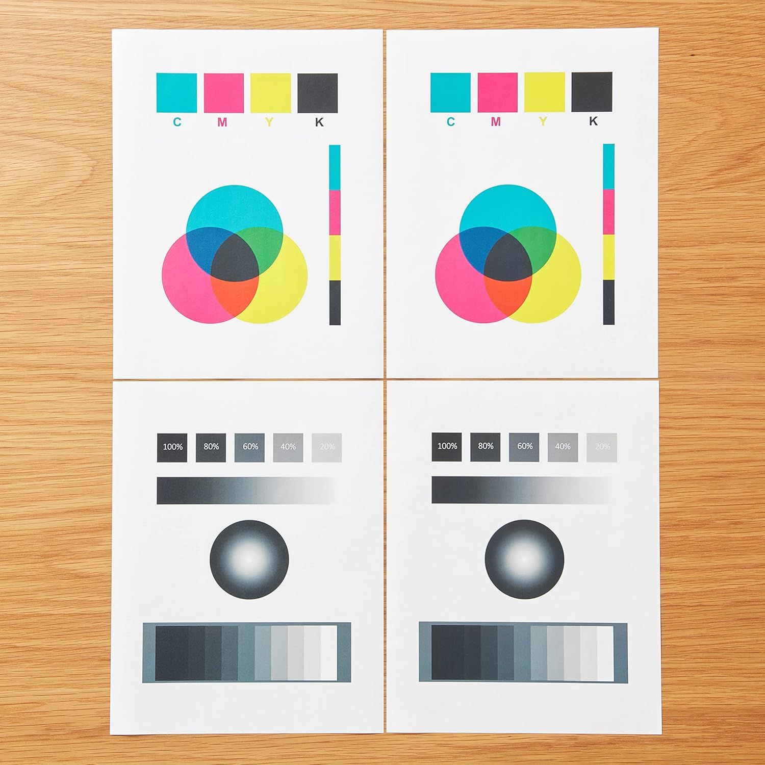 This is a printer color calibration test sheet showing CMYK color accuracy, gradients, and grayscale values. It is not a product image but rather a technical…
