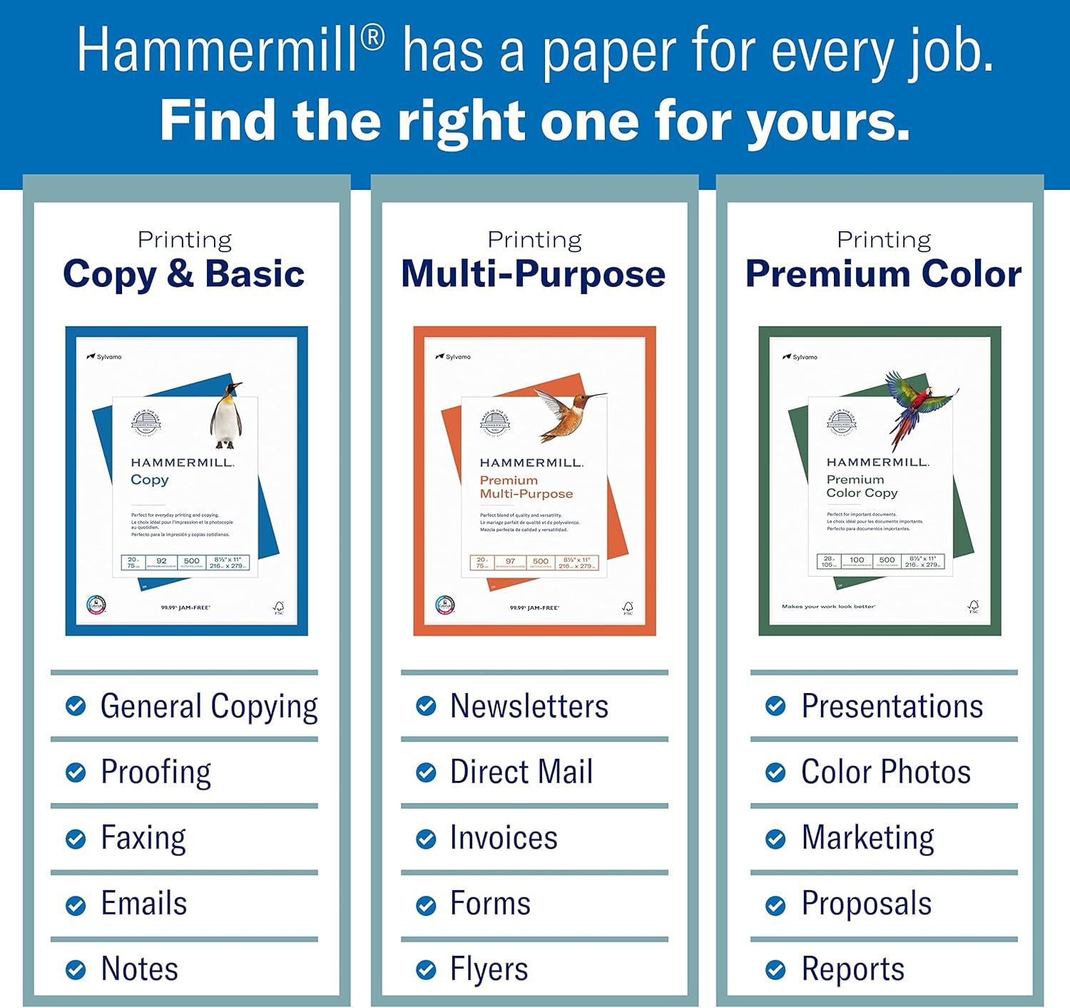 This image helps shoppers navigate Hammermill's product portfolio by showcasing three different paper types side-by-side with their specific use cases, making…
