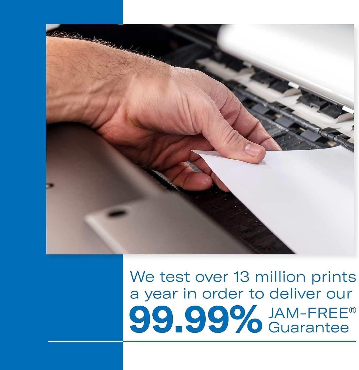 Communicates the product's exceptional reliability through a bold quantifiable performance claim, reassuring shoppers that the printer will virtually never jam.