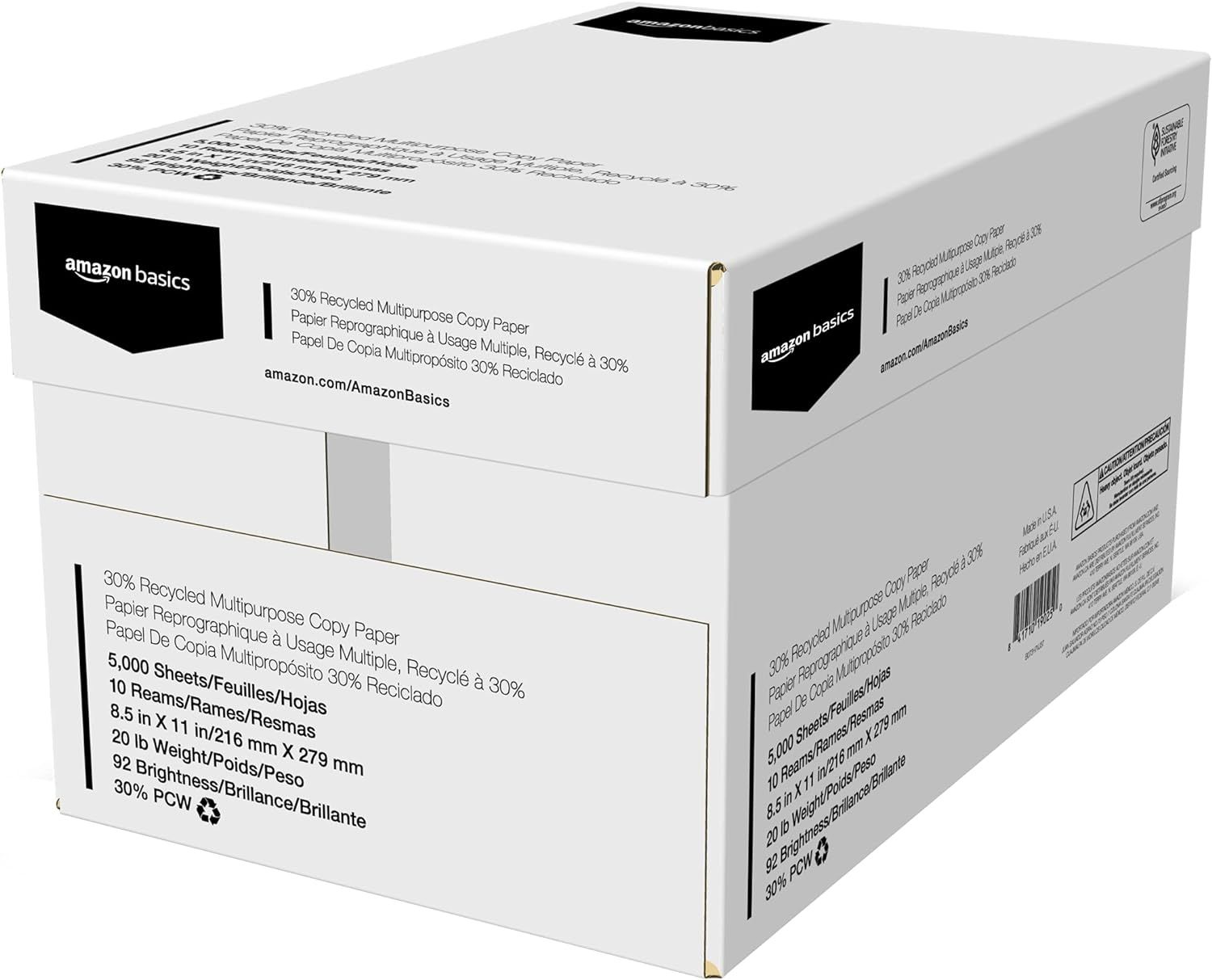 Provides a clean, catalog-style view of the Amazon Basics copy paper product in its retail packaging, showing the box from multiple angles to help shoppers…