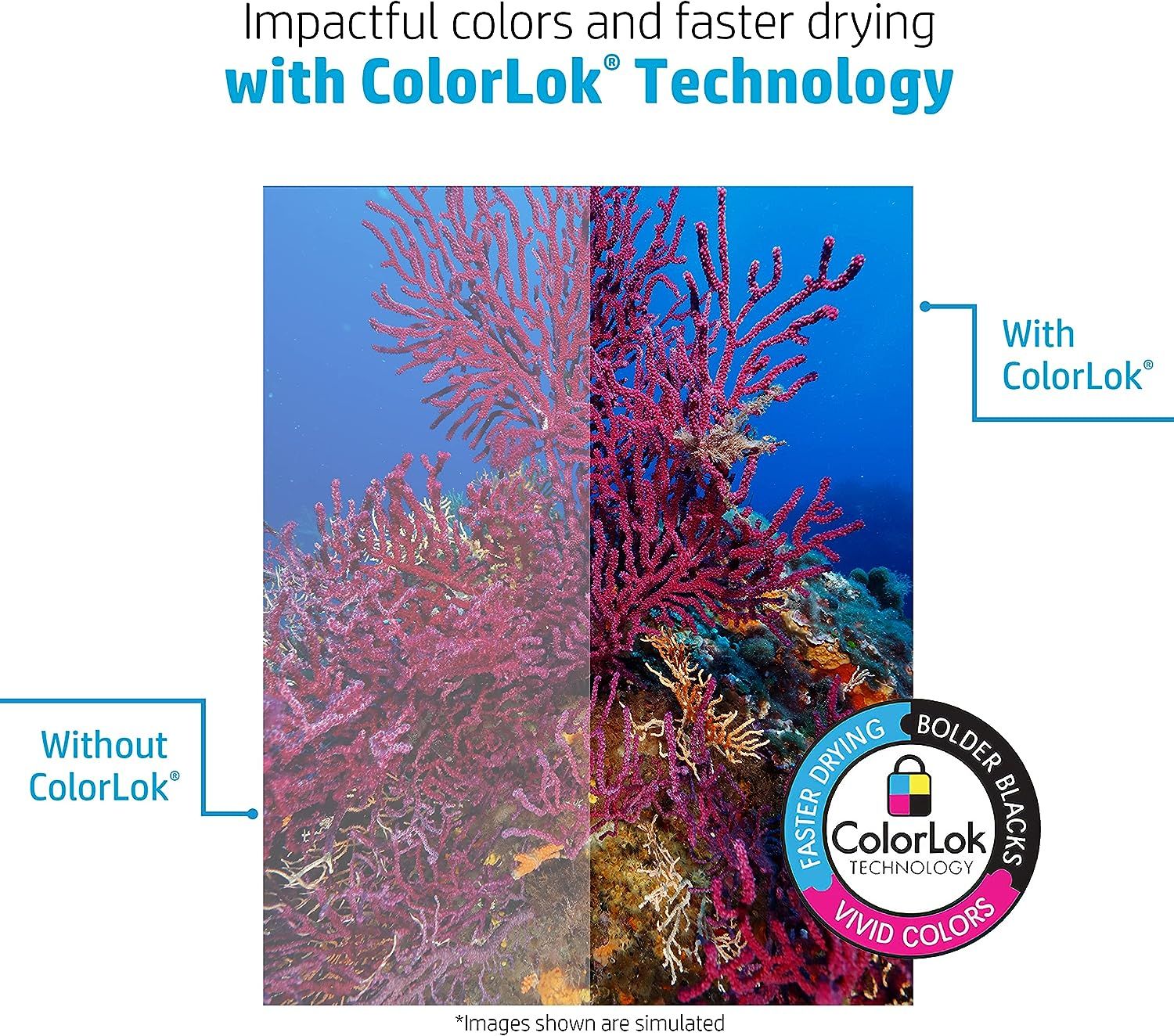 Demonstrates the visual transformation and enhanced color quality achieved with ColorLok Technology compared to standard paper, showing bolder, more vivid colors and improved print quality.