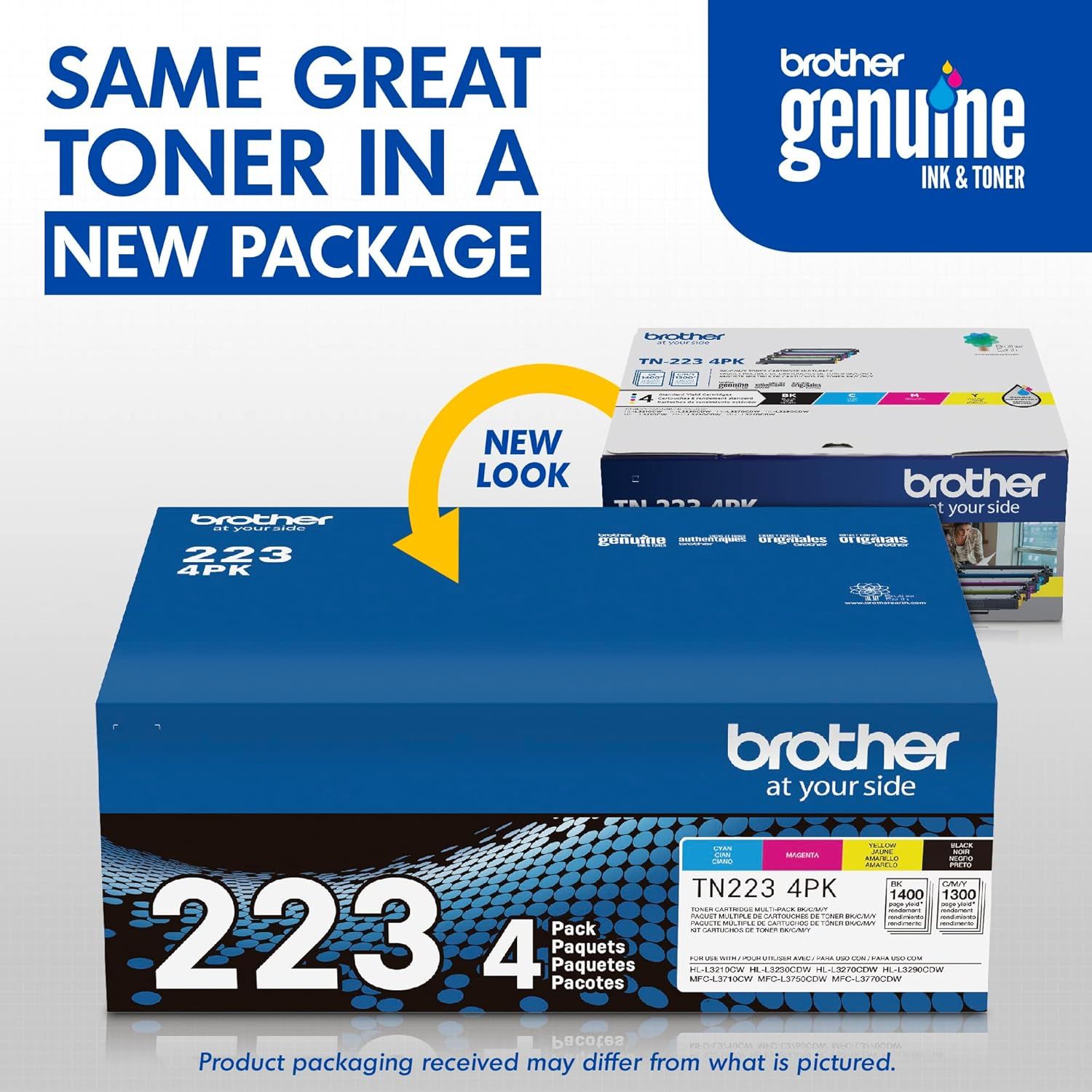 Communicates to shoppers that Brother Genuine toner now comes in updated packaging while reassuring them the product quality remains the same. Showcases the…