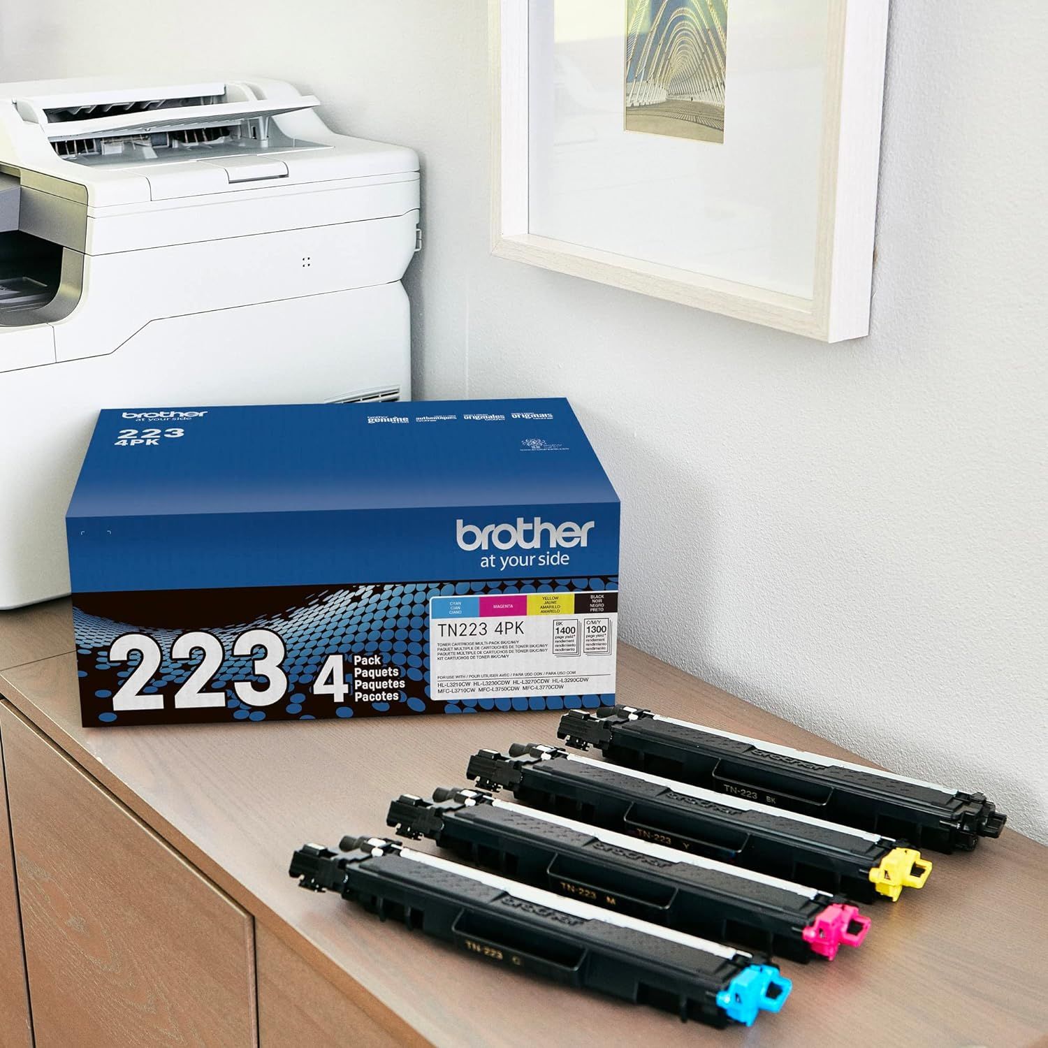 Shows the customer exactly what's included in the package: the product box and all four color toner cartridges they will receive, providing clarity on the…