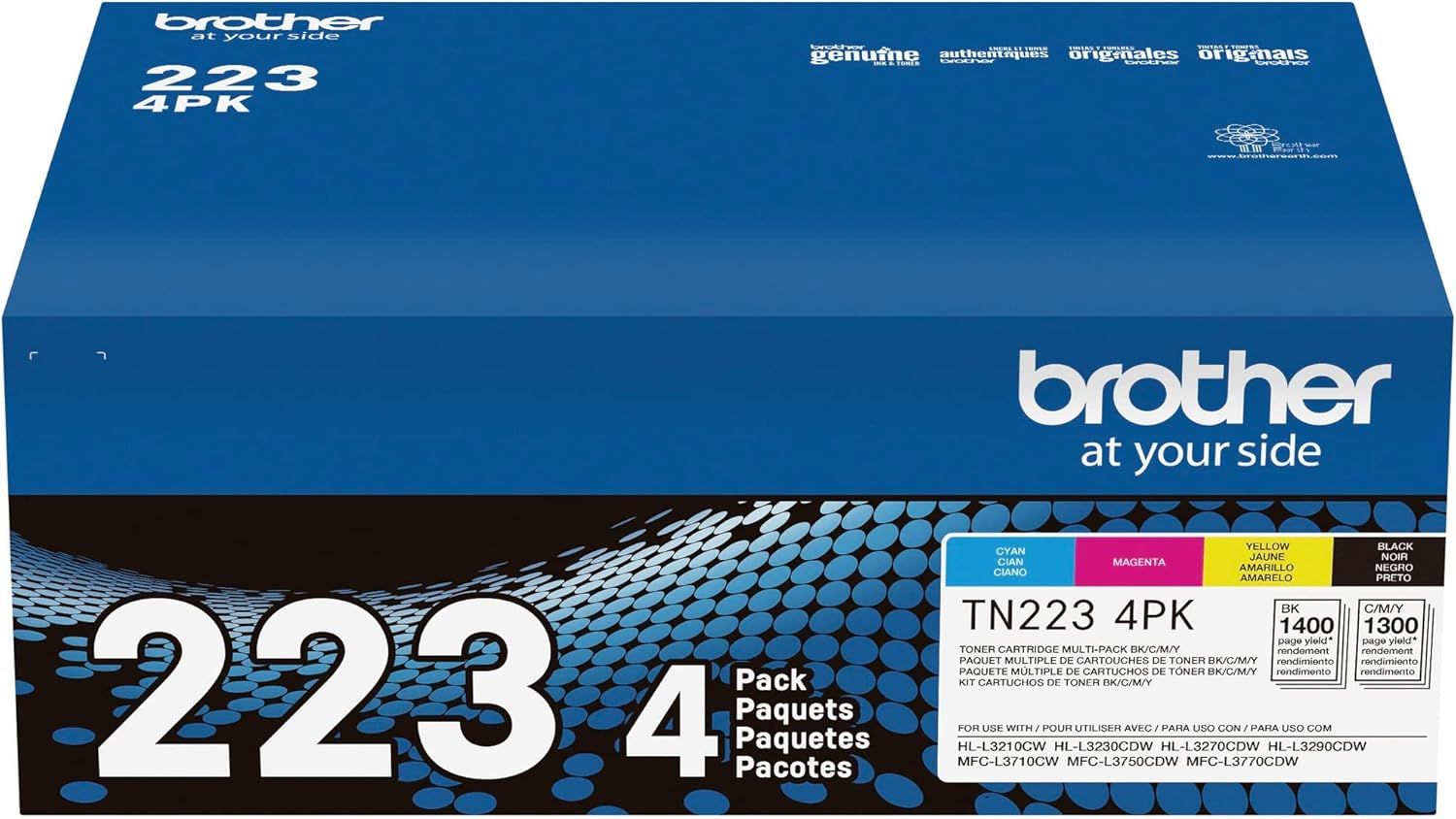 Shows the customer exactly what is included in the package: a 4-pack of Brother toner cartridges with color-coded labels and page yield information, helping shoppers understand the bundle contents…
