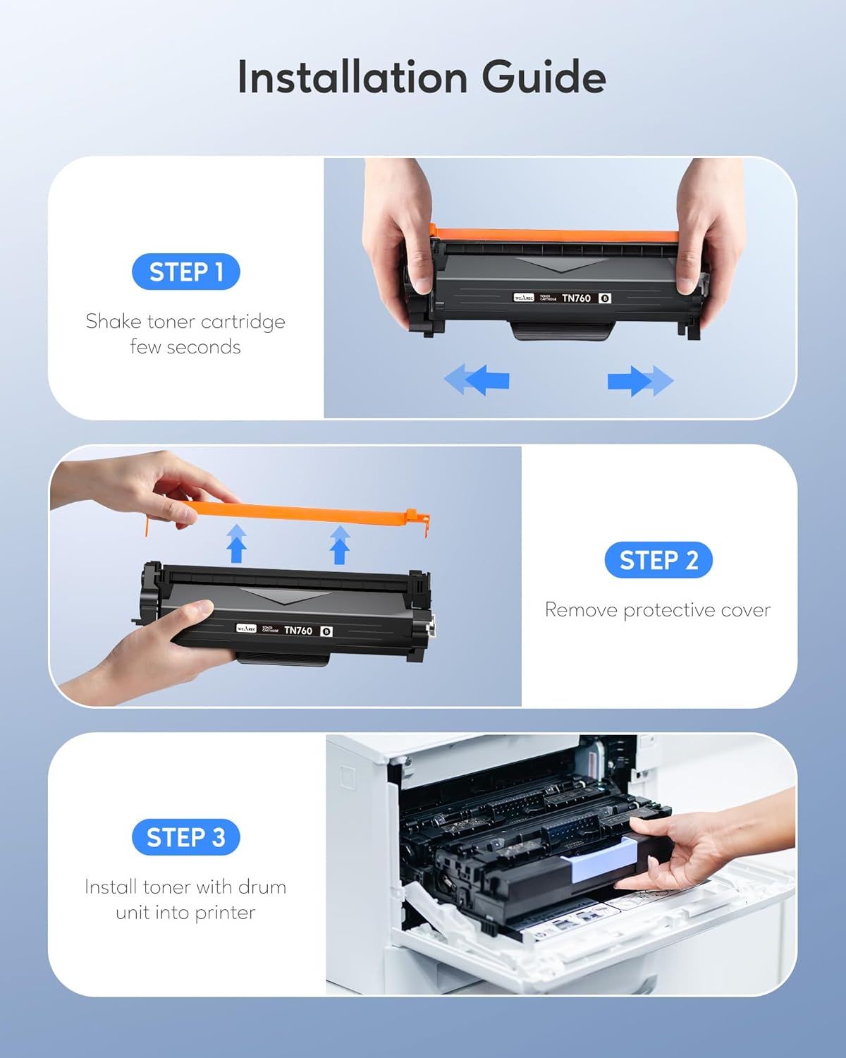 Provides clear step-by-step visual instructions to guide customers through the toner cartridge installation process, reducing confusion and ensuring proper…