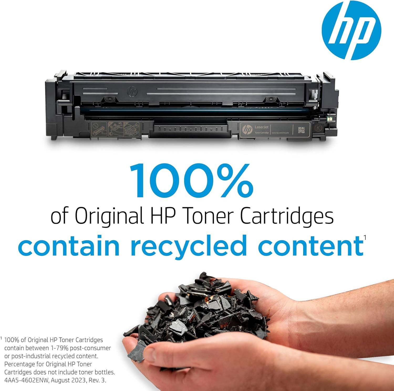 Communicates that HP toner cartridges are environmentally responsible by containing 100% recycled content, reassuring eco-conscious shoppers. Highlights the single core benefit that the product is…