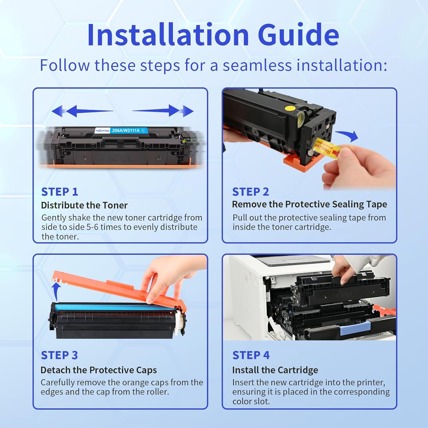 Provides a clear, step-by-step visual guide to help customers properly install a toner cartridge, reducing setup confusion and ensuring correct usage.