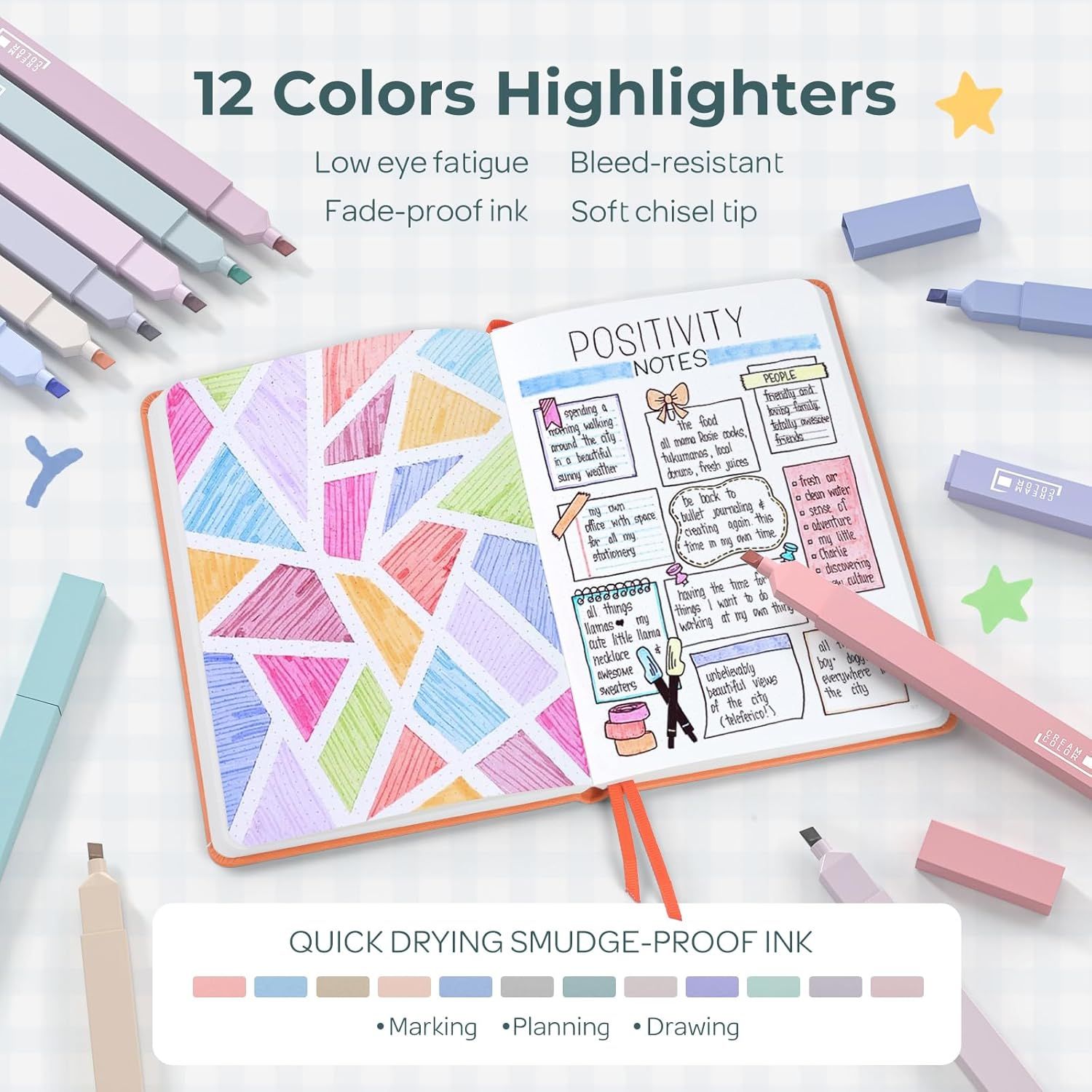 Communicates multiple distinct benefits of the highlighter set including color variety, comfort features, ink quality, and performance characteristics to help shoppers understand the comprehensive…