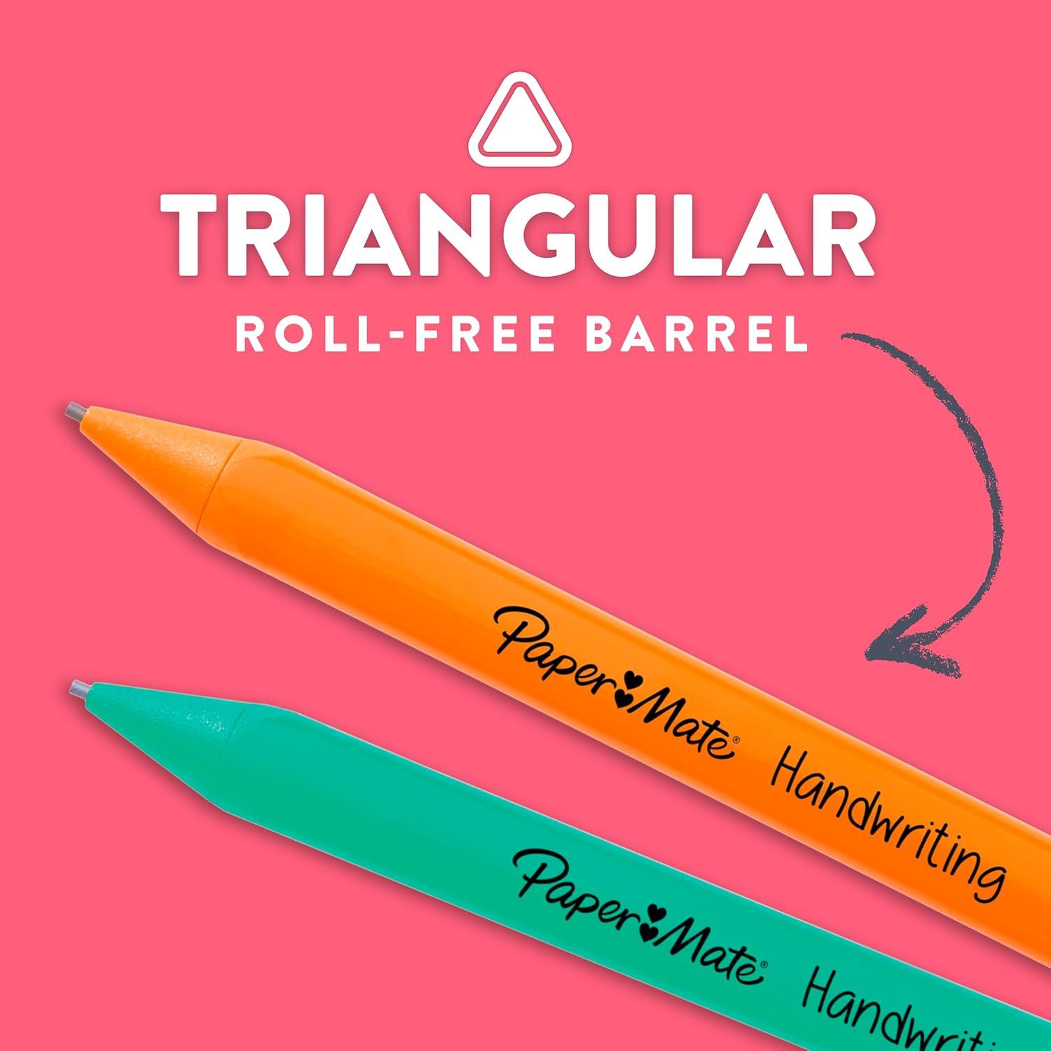 Highlights the unique triangular barrel design that prevents the pens from rolling off surfaces, solving a common frustration for users.