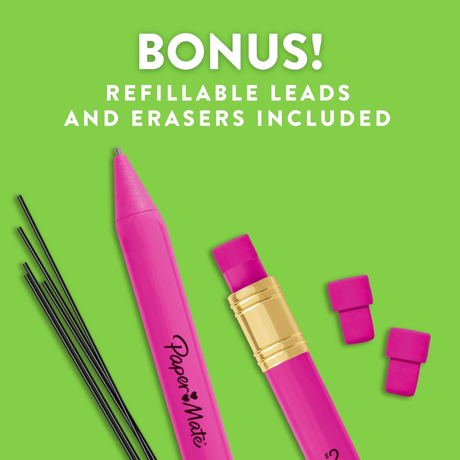 Communicates that the mechanical pencil comes with bonus accessories (refillable leads and erasers), adding value and reassuring shoppers they have everything…
