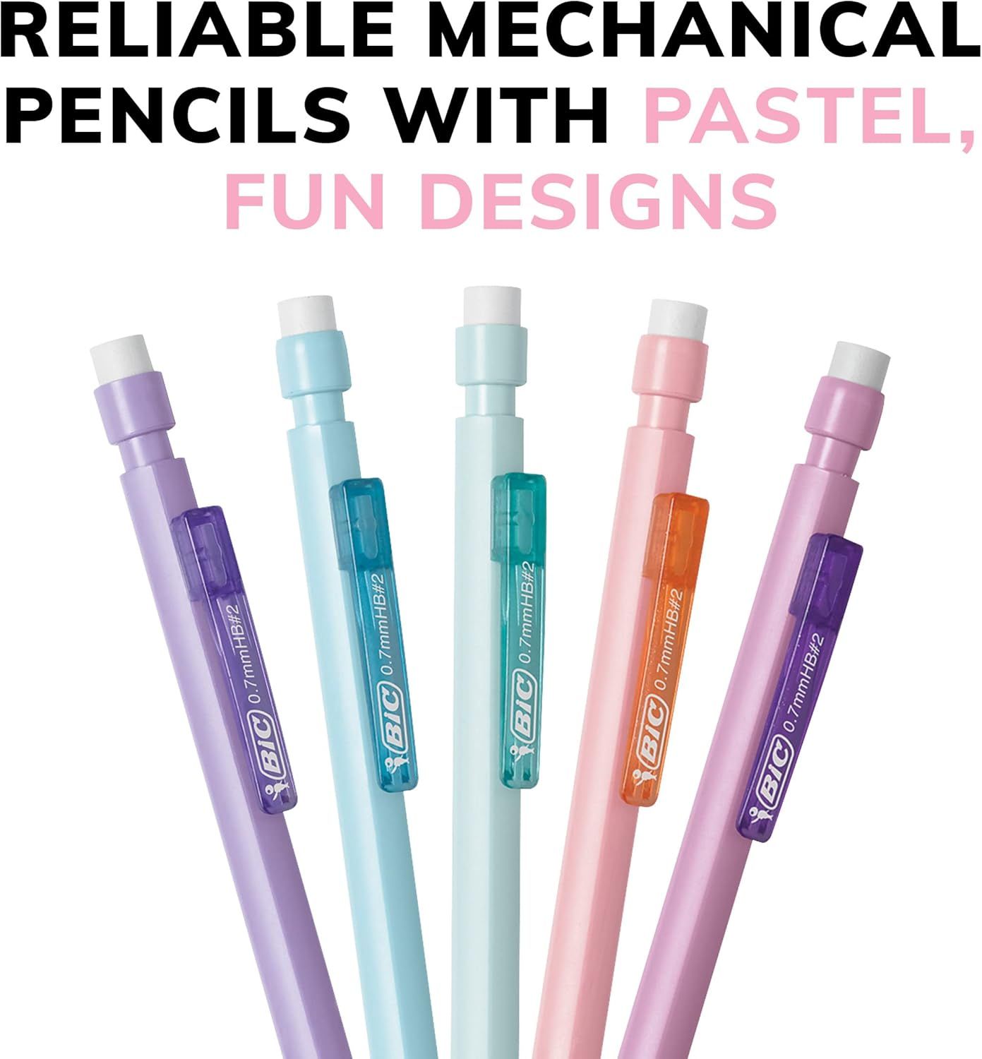 Highlights the aesthetic appeal of the mechanical pencils with pastel colors and fun designs to attract shoppers looking for stylish, visually appealing…