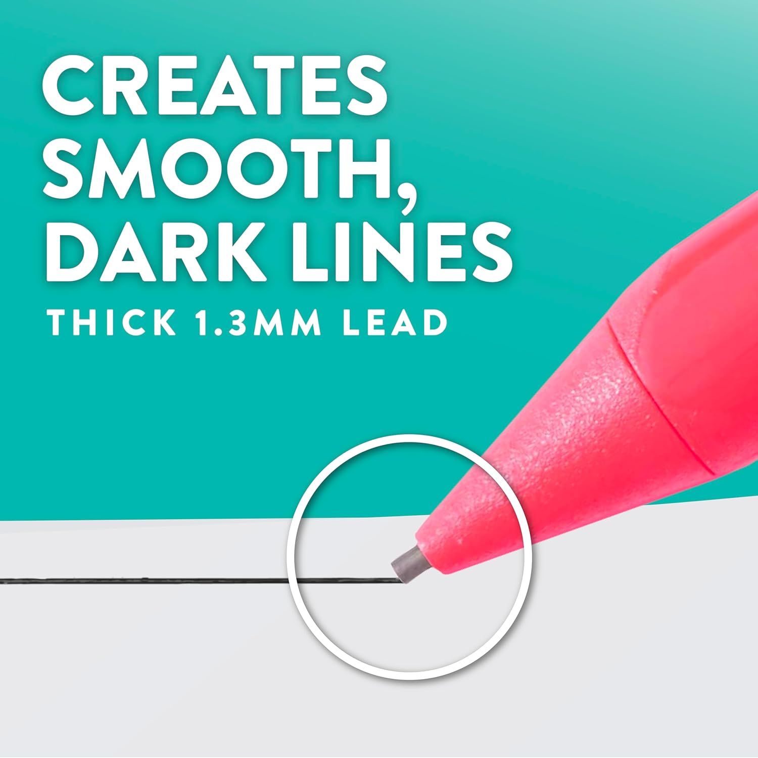 Highlights the pen's ability to create smooth, dark lines with its thick 1.3mm lead, reassuring shoppers of quality writing performance.