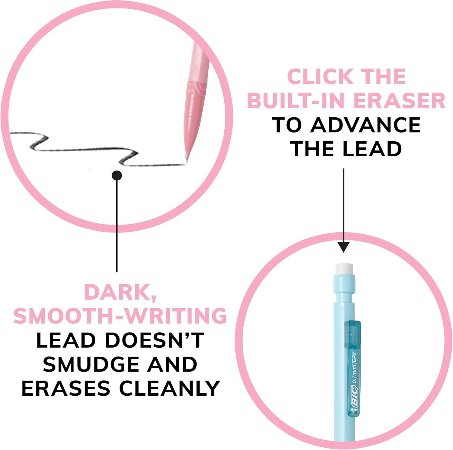 Communicates multiple distinct benefits of the mechanical pencil: the convenience of a built-in eraser for advancing lead, and the quality of the lead that writes smoothly and erases cleanly without…