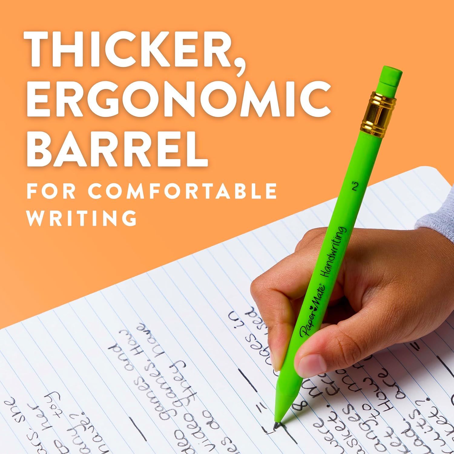Highlights the thicker ergonomic barrel of the pen to reassure shoppers that it provides comfortable writing, especially for extended use.
