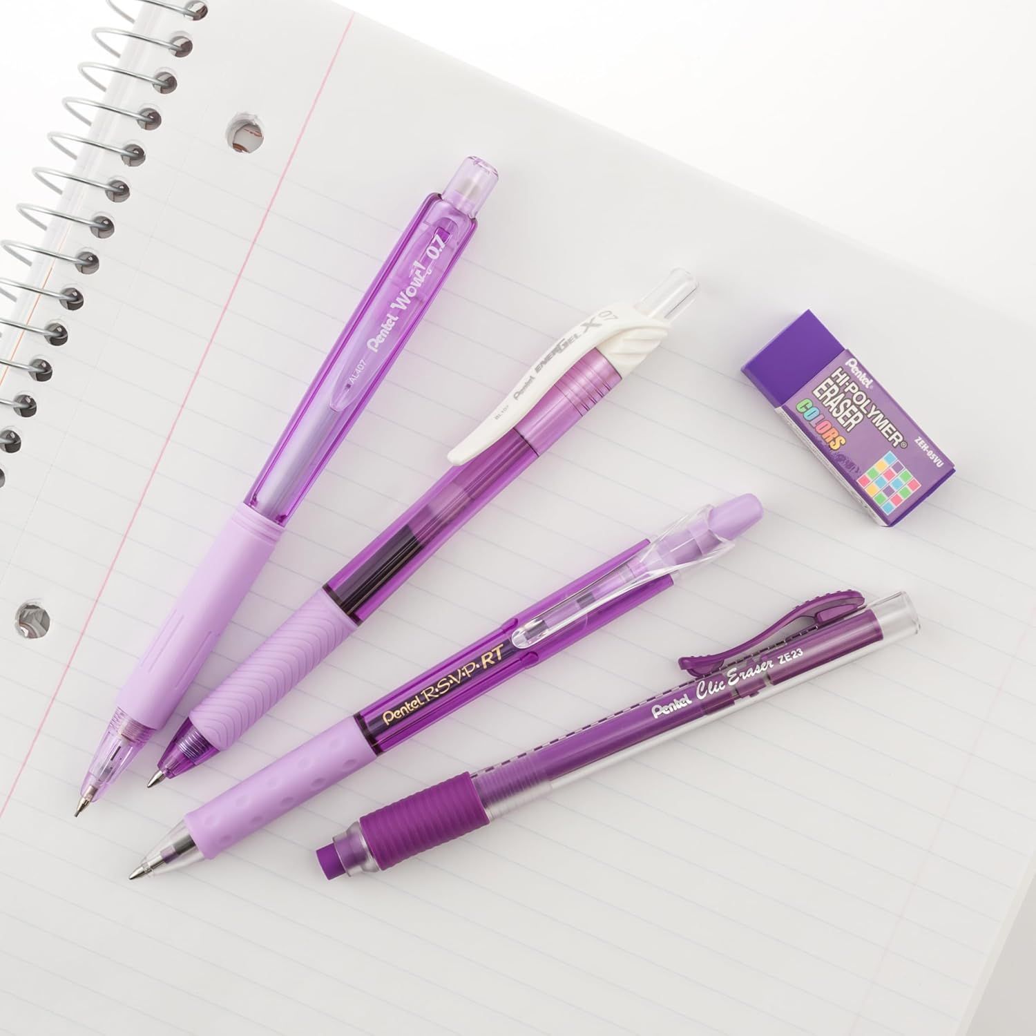 Shows the product collection in a clean, catalog-style presentation to give shoppers a clear view of what the purple writing instruments look like without…