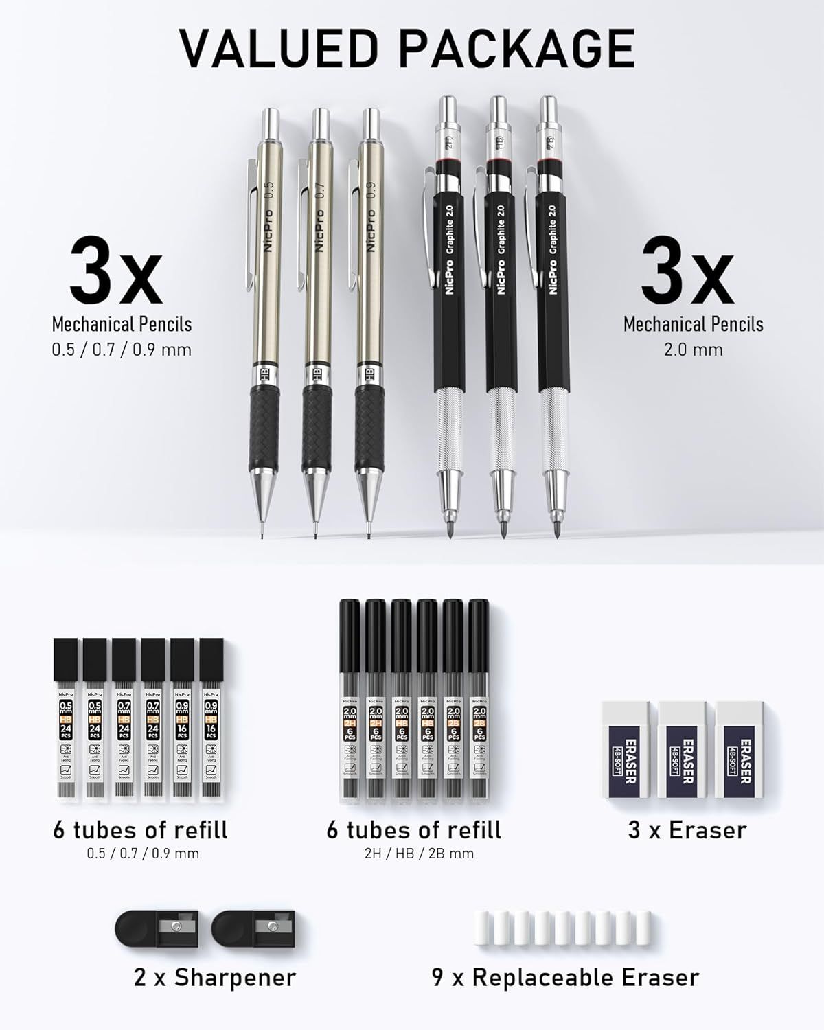Shows the complete package contents to communicate value and reassure shoppers they are receiving a comprehensive set with 6 mechanical pencils, multiple…