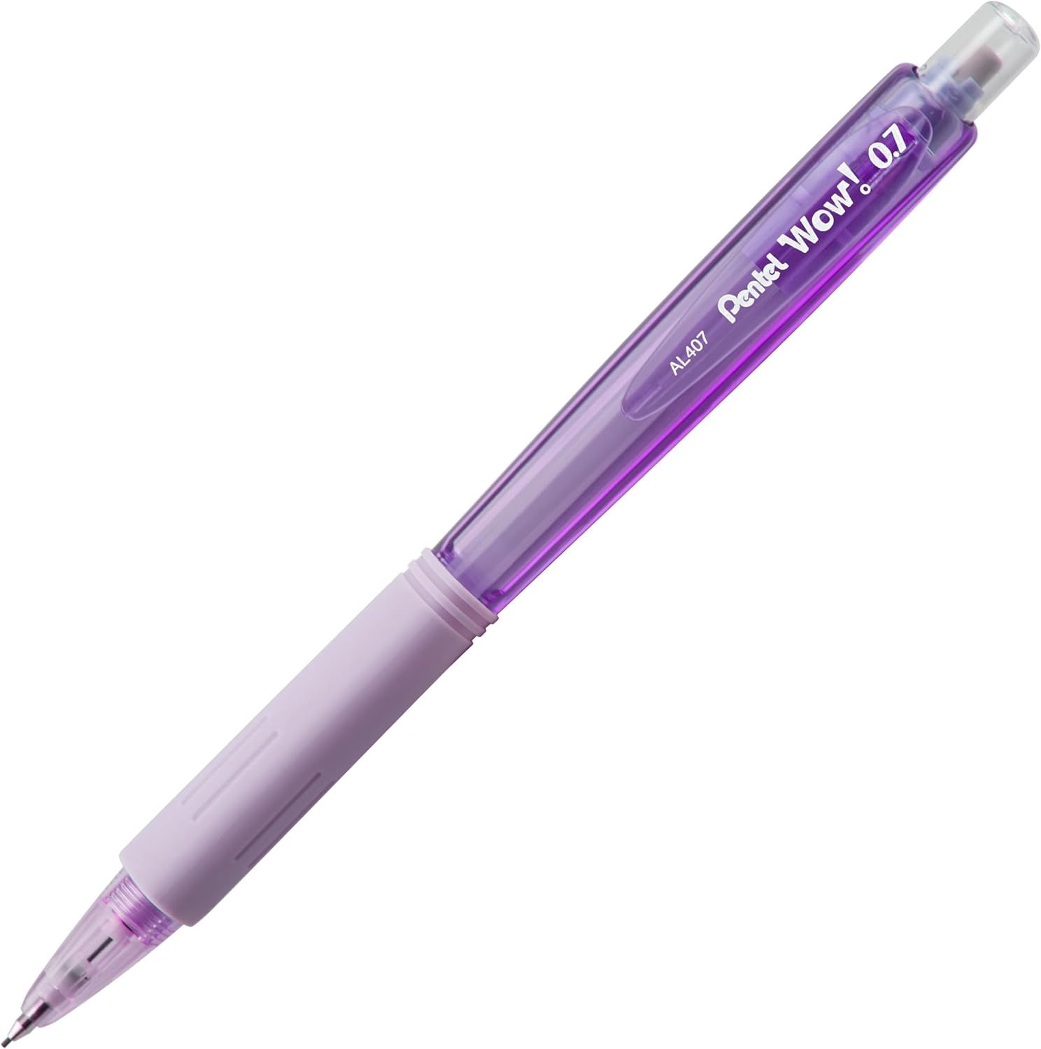 Provides a clear, unobstructed view of the Pentel Wow! .07 mechanical pencil in its purple color variant, allowing shoppers to see the product design and…