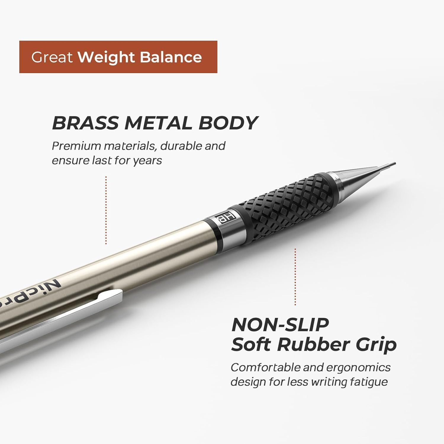 Highlights the physical components and materials of the pen, emphasizing durability and ergonomic design to reassure shoppers of quality and comfort.