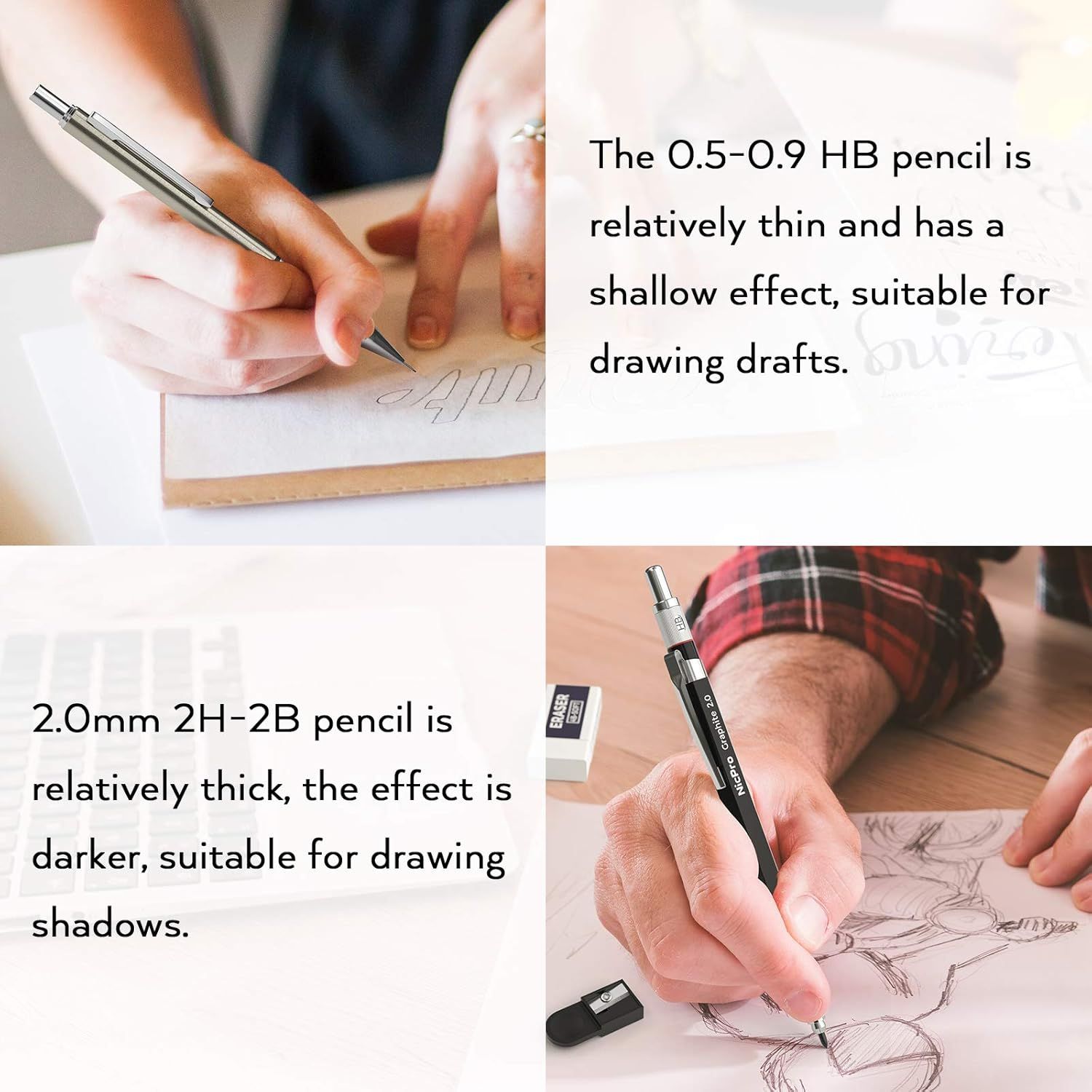 Explains the different pencil specifications and their specific drawing applications, helping shoppers understand which pencil type to use for different artistic needs.