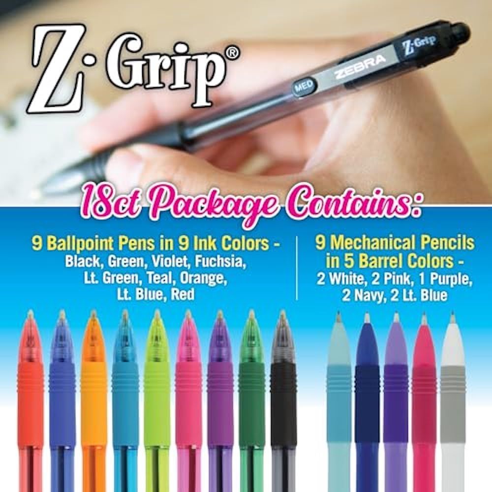Shows the complete contents of the package to help shoppers understand exactly what they will receive—9 colorful ballpoint pens and 9 mechanical pencils in…